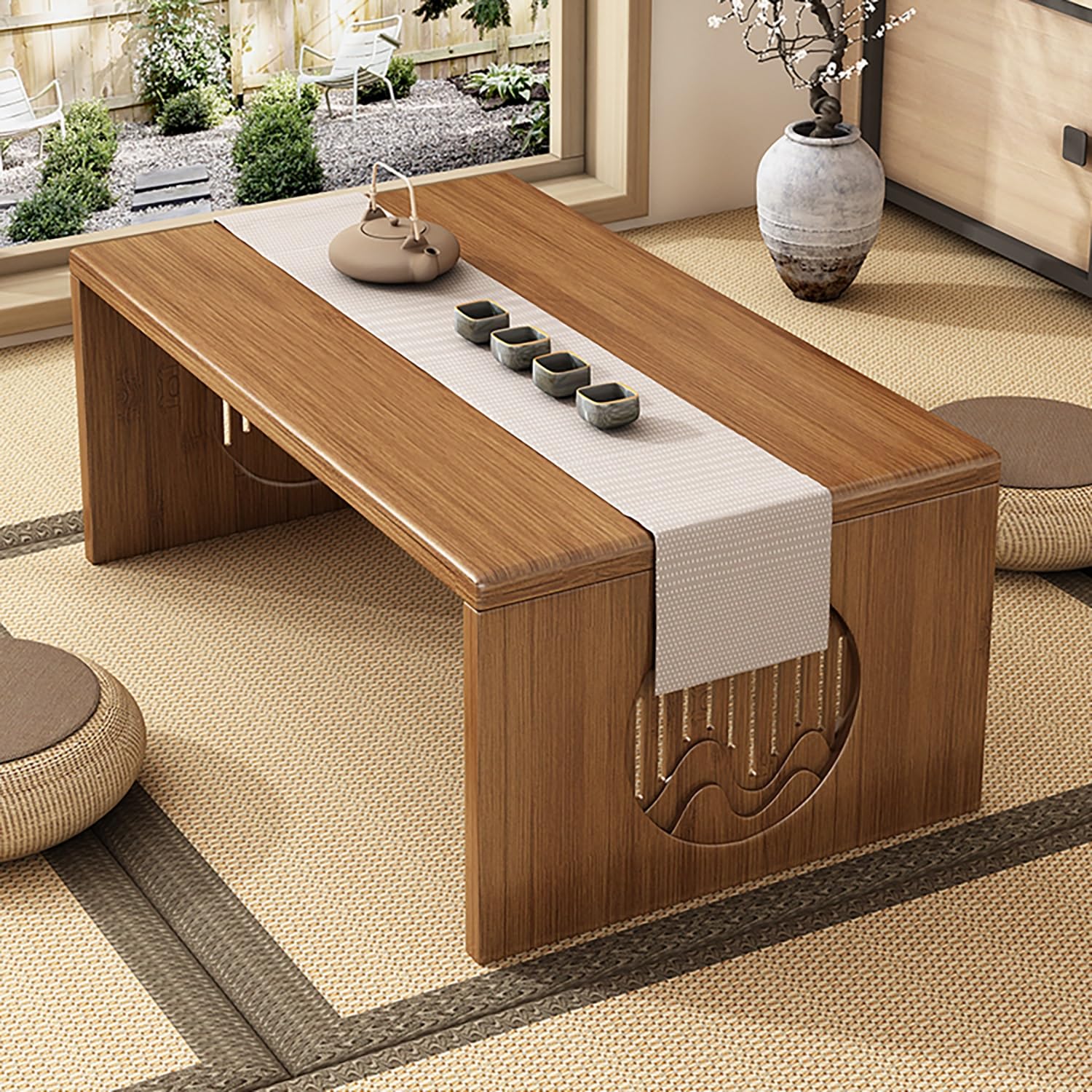 Table basse japonaise en bois pour un coin tatami zen au salon