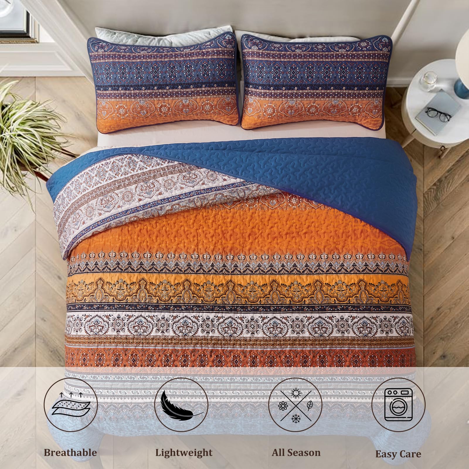 Copriletto Bohémien 220x240cm - Set 3 Pezzi In Microfibra Con Federe, Marrone - Foto 9