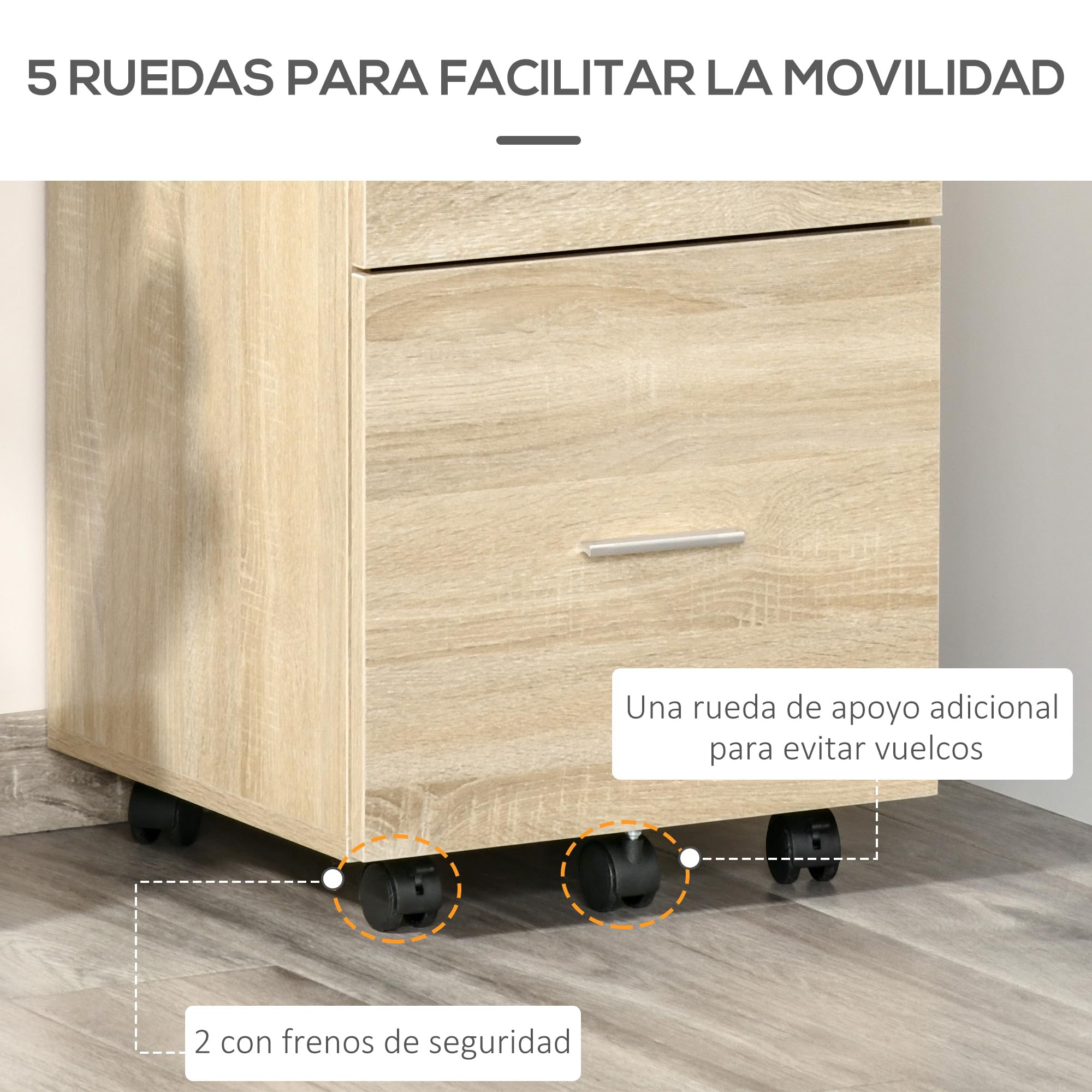 HOMCOM Cajonera de Escritorio con 2 Cajones, Cajonera de Oficina con Ruedas, Archivador Móvil, para Archivos A4 o Cartas, para Estudio, Salón, 39,5x39x58,5 cm, Roble