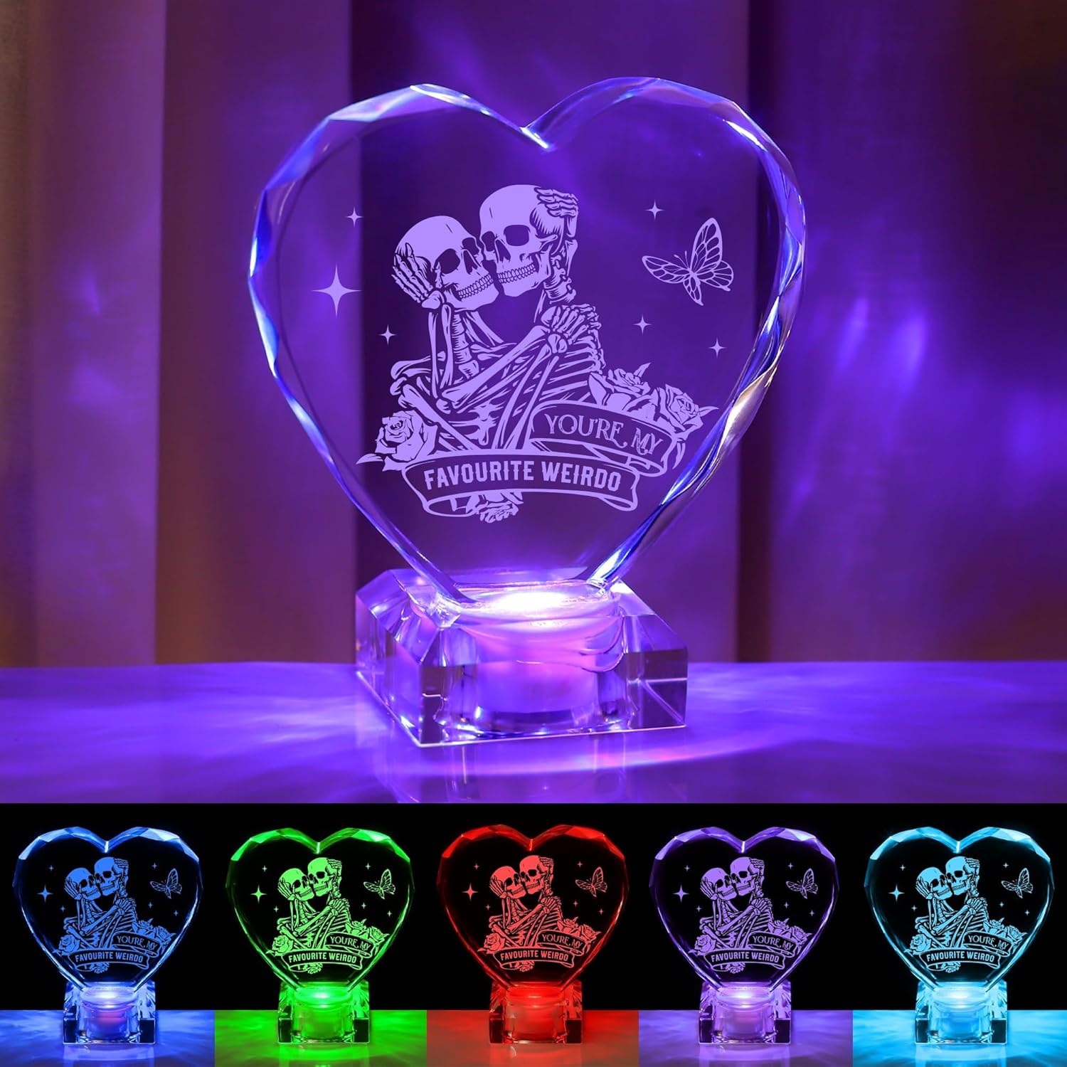 Gothic Skeleton Couple Heart Crystal Night Light LED Color Changing Lamp, Unique Gift for Boyfriend Girlfriend Wife Husband Valentine's Day Anniversary Decor, Perfect Christmas Gifts (Skull)