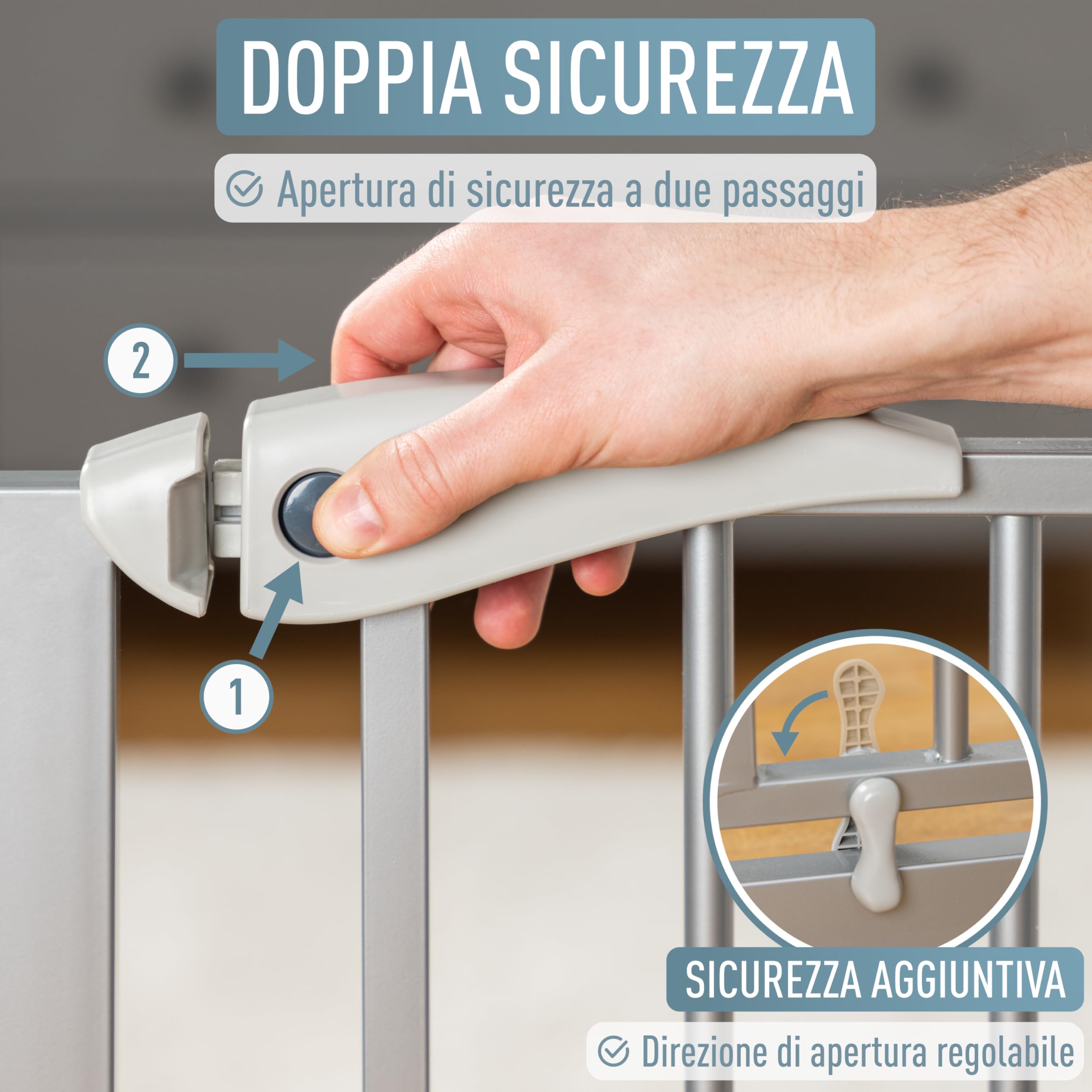 ib style Cancelletto per Bambini di Sicurezza Berrin - Scale e Porte, Senza forature, Metallo, 90° Stop, Anche per Cani e Animali Domestici, Grigio, Larghezza: 75-85 cm