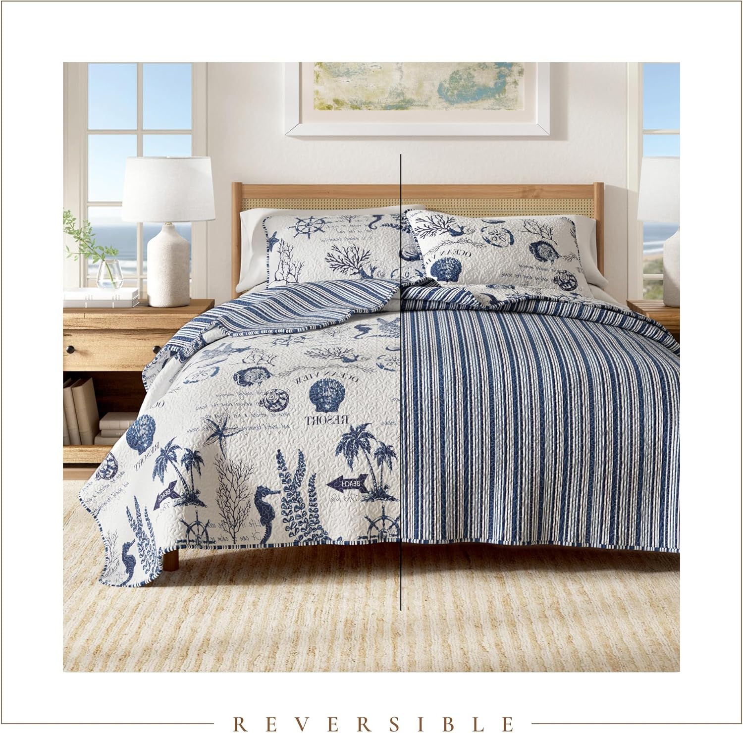 Navy Coastal Quilt Bedding Set, Summer Coastal Quilt with Shams, Beach 3-Piece Reversible All Season Bedspread Quilt Set. Lightweight Nautical Quilted Coverlet. Catalina Collection, Navy. - Image 4