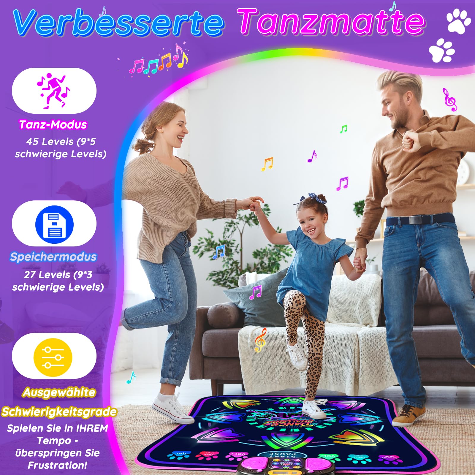 MOMUSE Tanzmatte Kinder, Spielzeug Geschenke für Mädchen Jungen Alter 3 4 5 6 7 8 Jahre, Musikmatte 2 Modi, mit Beleuchtetem Display und 9 Stufen, Weihnachten Geburtstag Kinderspielzeug (Violett)