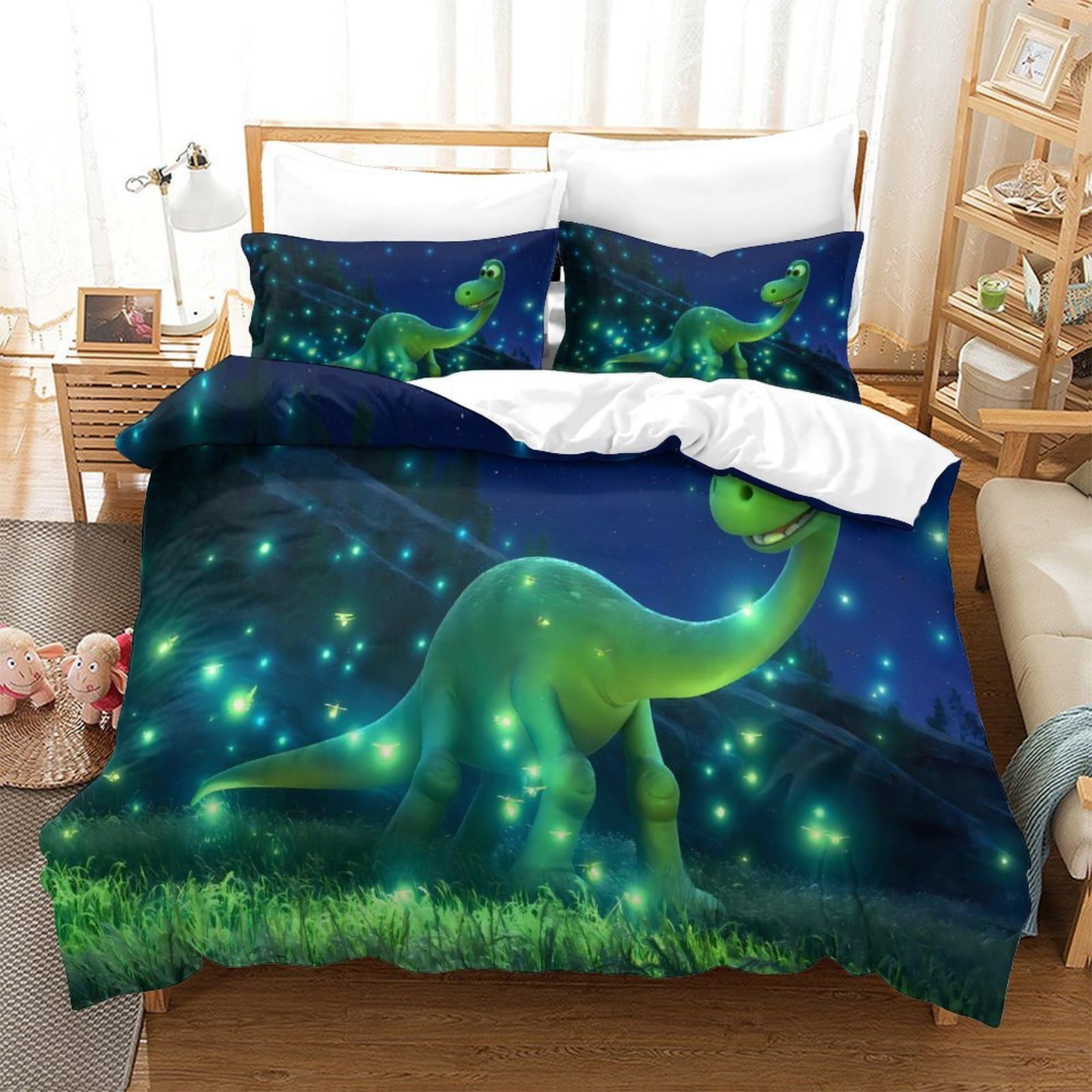 Scena notturna dei dinosauri Impressione 3D 3 pz coperteletto Film d'animazione per famiglie cover piumone microfibra ipoallergenica zip per ragazzi adolescenti donne King（220x240cm）