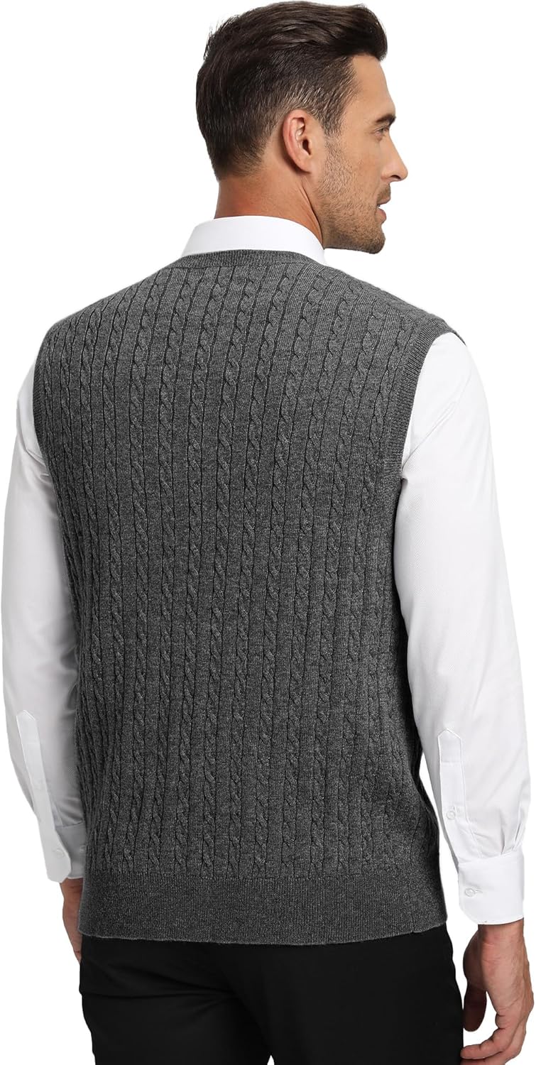 Kallspin Men’s Wool Blended Cable Knit Sweater Vest V Neck Relaxed Fit Sleeveless Pullovers - Image 4