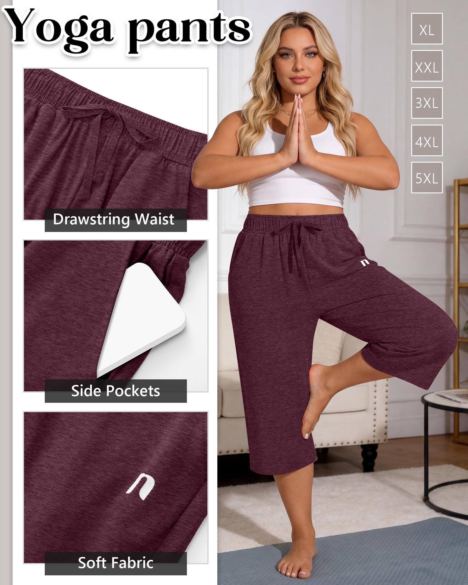 Neer 3er-Pack Damen-Caprihosen in Übergröße, Weite, lockere Hosen, lässige Capri-Jogginghosen mit Kordelzug und Taschen