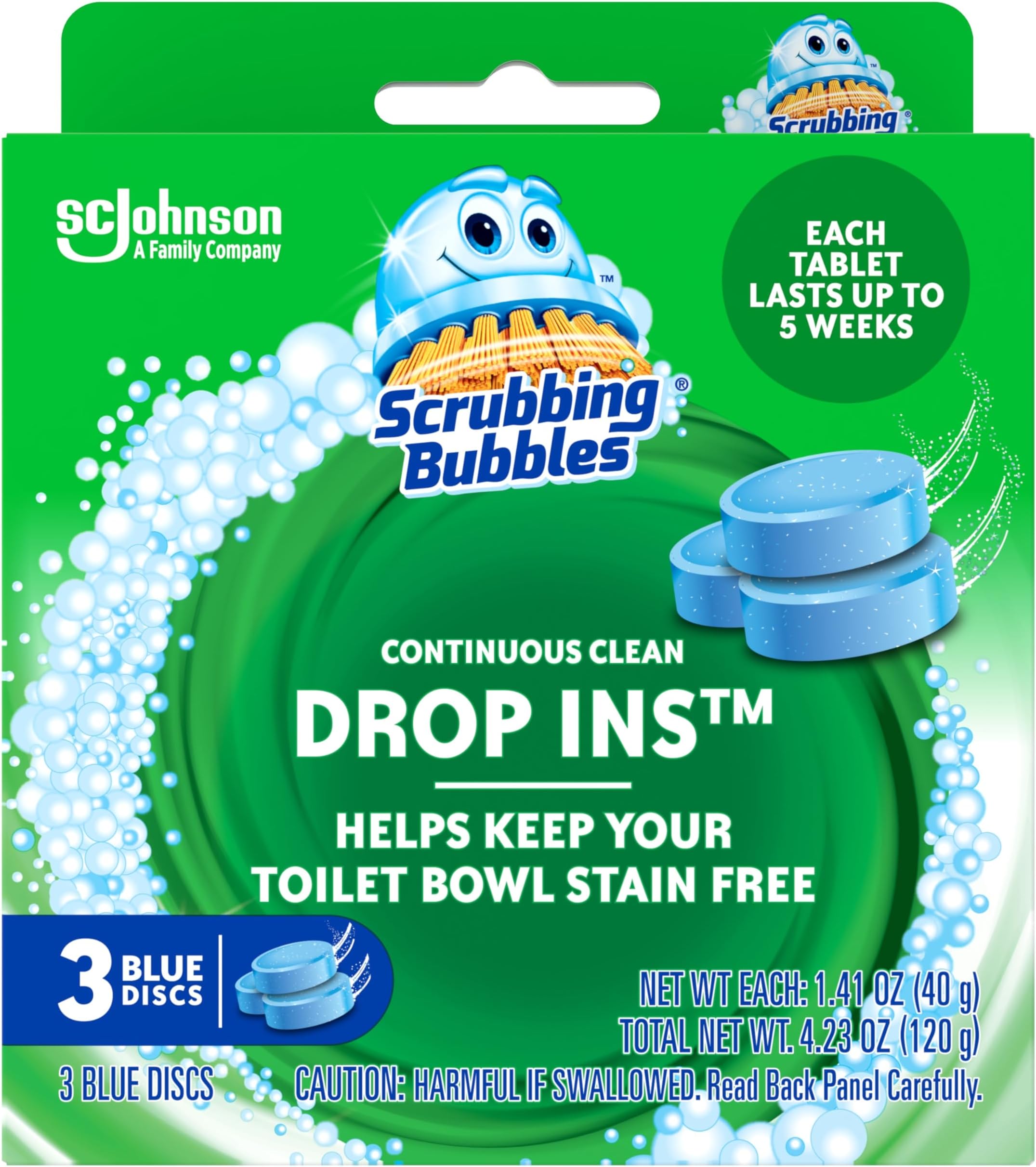 Scrubbing Bubbles Continuous Clean Toilet Drop-Ins, Automatic Blue Toilet Bowl Cleaner, Septic-Safe Tank Tablets Remove Hard Water Minerals & Limescale, Stain & Smell Protection, 3 Count (Pack of 1)