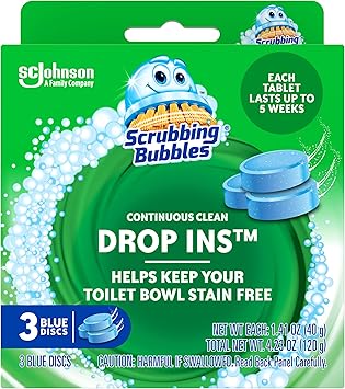 Scrubbing Bubbles Continuous Clean Toilet Drop-Ins, Automatic Blue Toilet Bowl Cleaner, Septic-Safe Tank Tablets Remove Hard Water Minerals & Limescale, Stain & Smell Protection, 3 Count Pack of 1