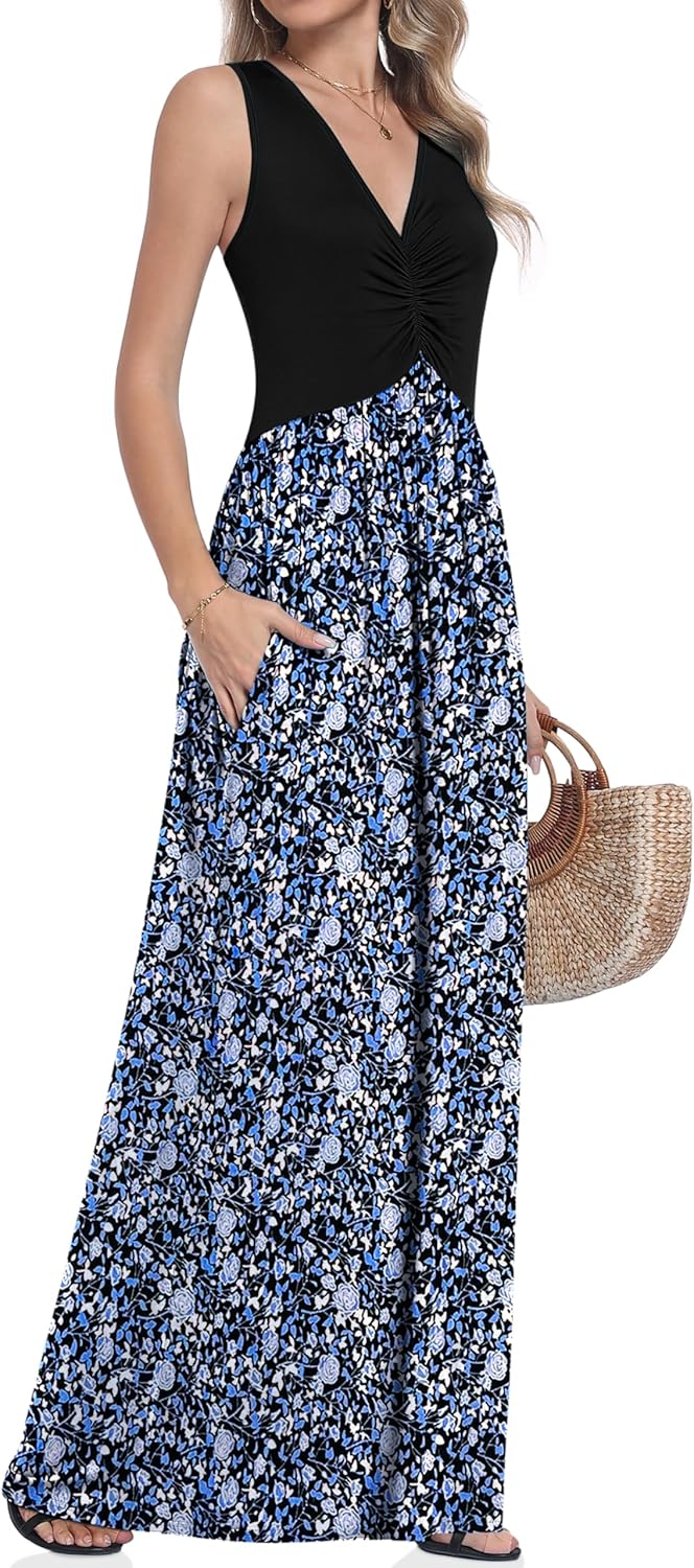 Womens Maxi Dress Summer Sleeveless V-Neck Long Dresses with Pockets 2026 New