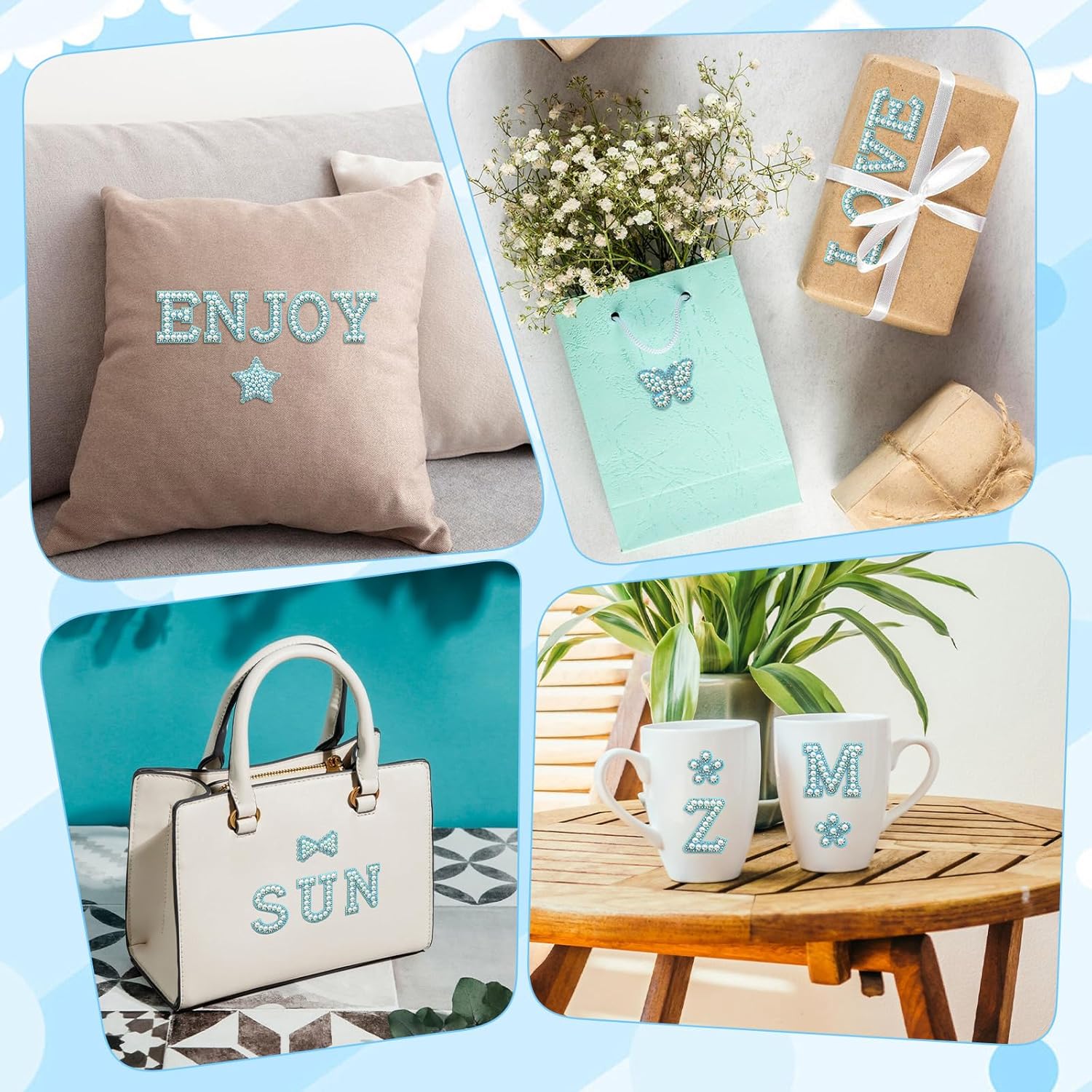 82Pcs Self Adhesive Pearl Letter Patches (A-Z),Number Patch 0-9,Glitter Pearl Letter Patches Rhinestone Applique for DIY Clothes, Bags, Shoes Blue