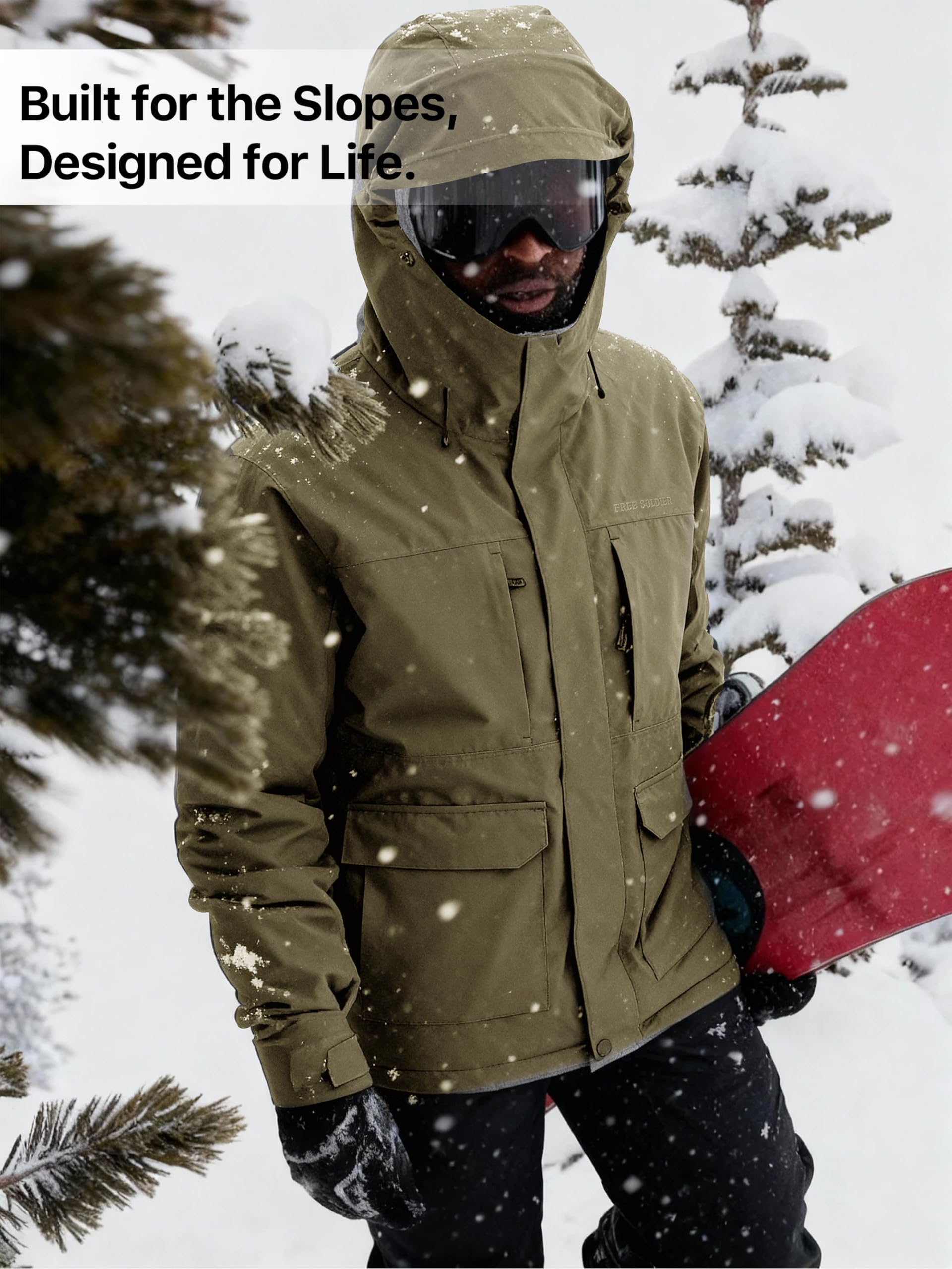 FREE SOLDIER Chaqueta de esquí impermeable para hombre, forro polar, abrigo de nieve cálido con capucha y costuras totalmente selladas