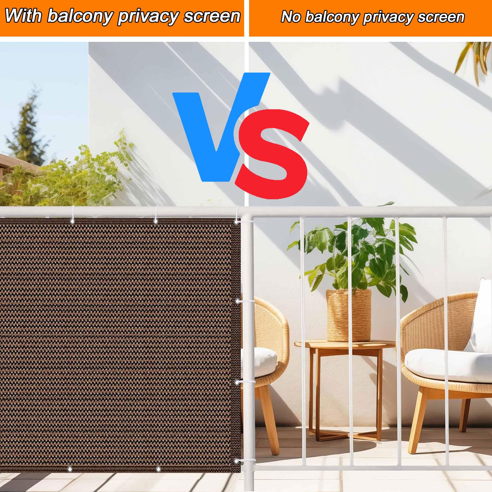 Balkon40 x 100 cm, resistente al viento, HDPE transpirable, protección solar opaca con ojales y lazos, barrera de privacidad para exteriores, color marrón
