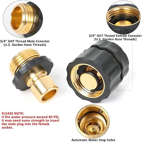 Miniatura 4 de STYDDI Manguera de jardín de conexión rápida con tope de agua, accesorios de conexión rápida de manguera de metal, rosca GHT de 34 pulgadas, juego