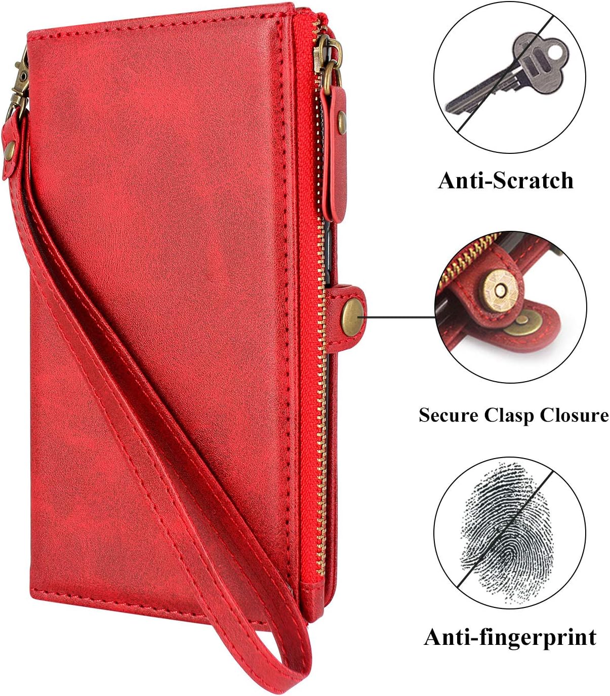 Lacass Premium Leather Flip Zipper Wallet Case Cover Stand Feature with Card Holder and Wrist Strap for Alcatel 3V 2019 (Red)