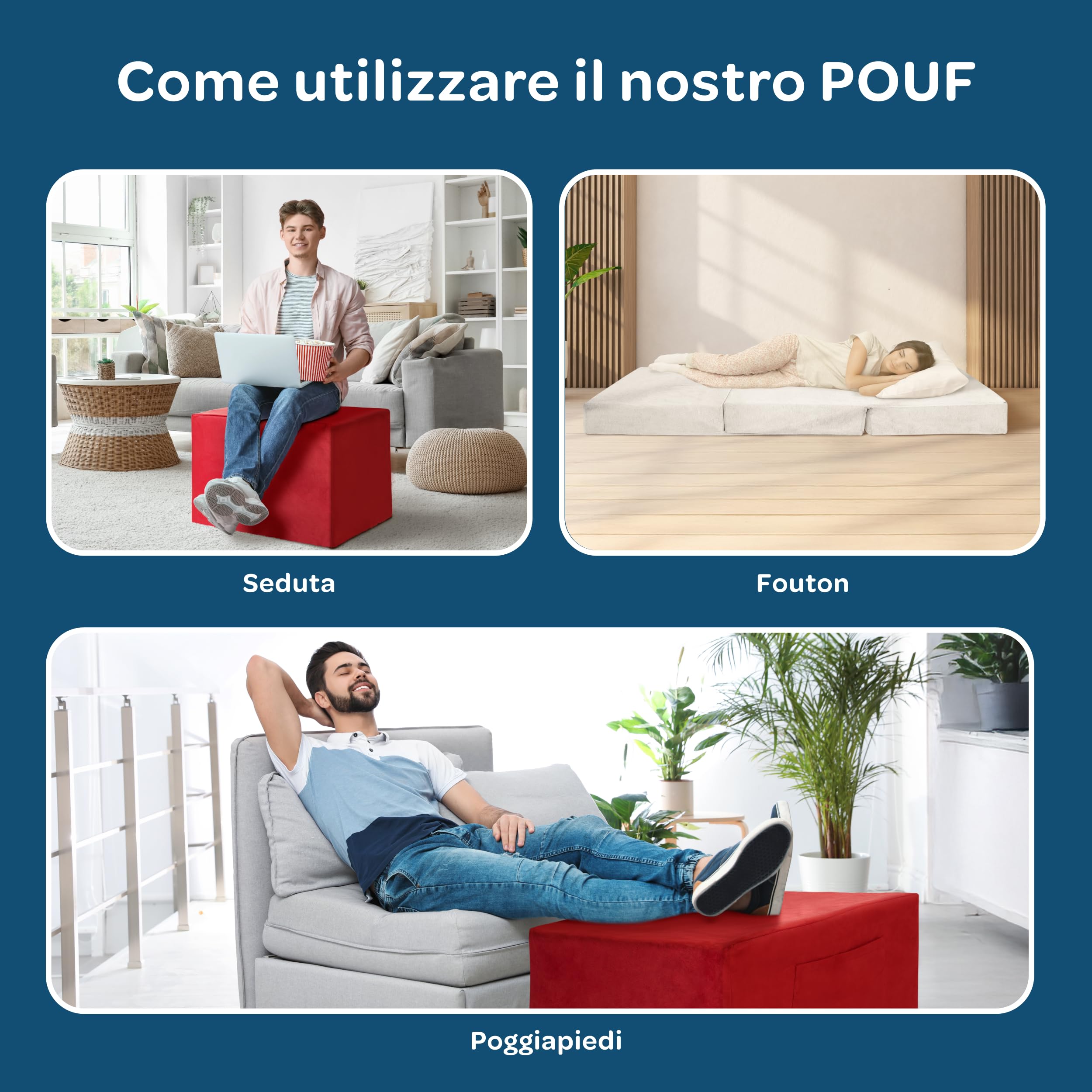 DOLCI SOGNI Pouf Letto Singolo Materasso Salvaspazio, Richiudibile Futon Pieghevole 66x66x45 Aperto 65x195x15, Microfibra Grigio - 100% Made in Italy