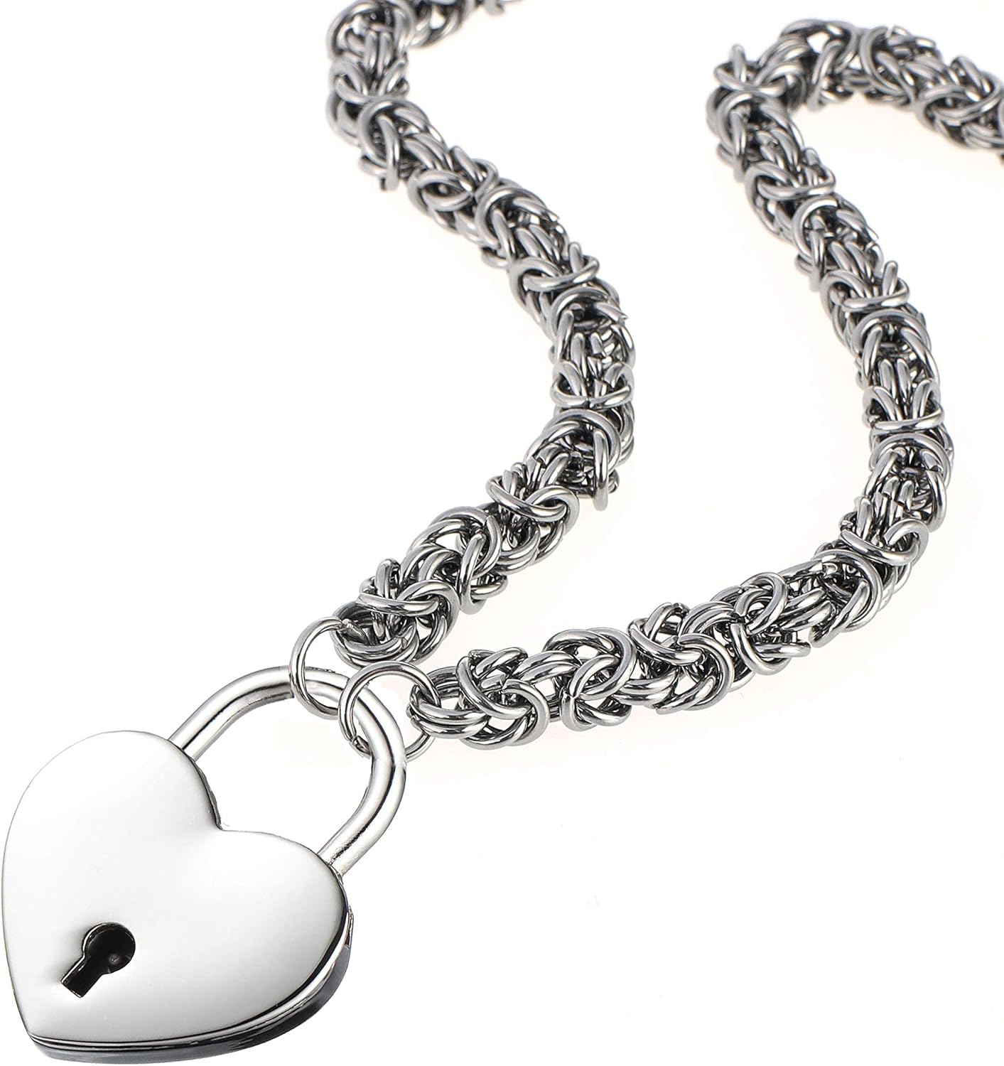 Lock Necklace Stainless Steel Collar Byzantine Chain Necklace Heart Padlock Necklace for Women Men