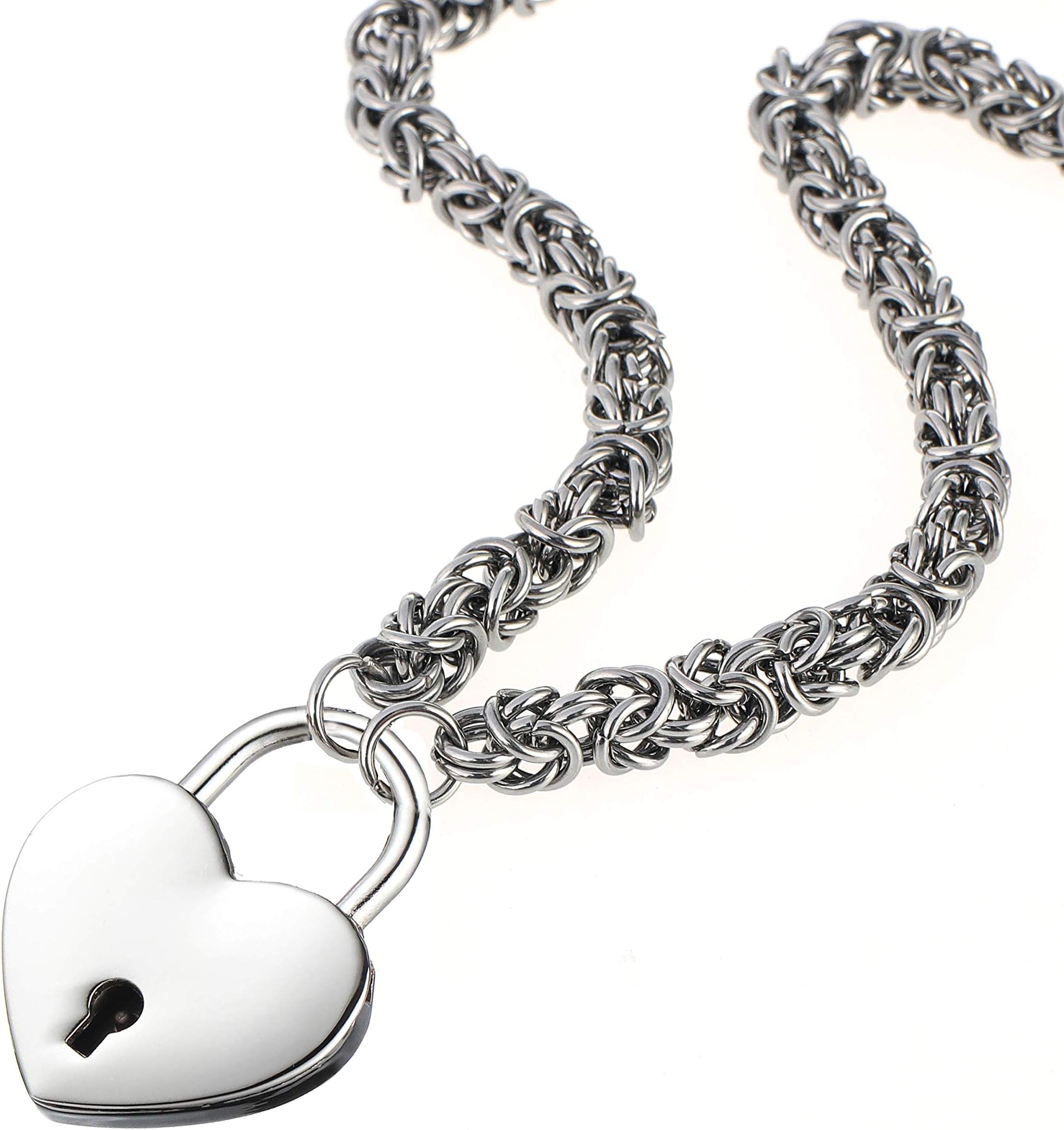 Lock Necklace Stainless Steel Collar Byzantine Chain Necklace Heart Padlock Necklace for Women Men
