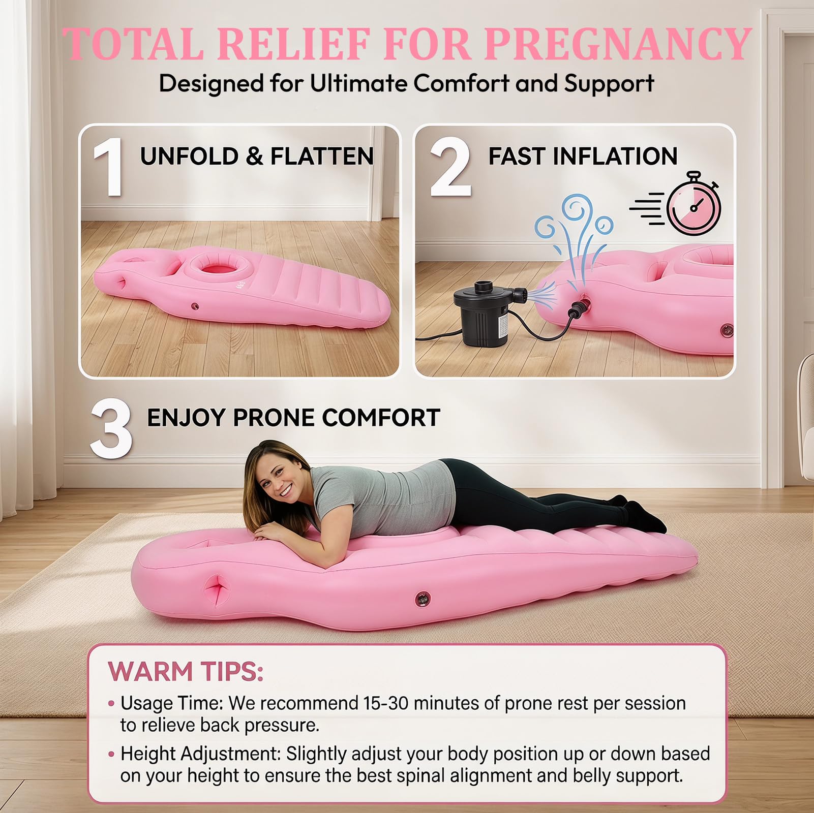 Almohada hinchable de embarazo, colchón de aire para embarazadas, almohada abdominal para embarazadas, almohada de embarazo, cojín de PVC flocado, para aliviar la espalda y el abdomen, con bomba (rosa