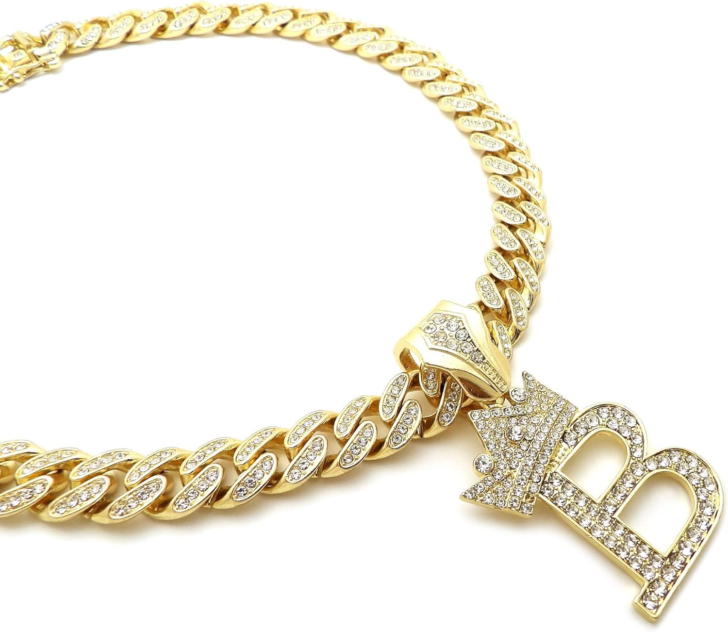 Hip Hop Alphabet Initial B CZ Pendant & 13mm 20" Full Iced Box Lock Cuban Chain Gold Plated Necklace - Image 6