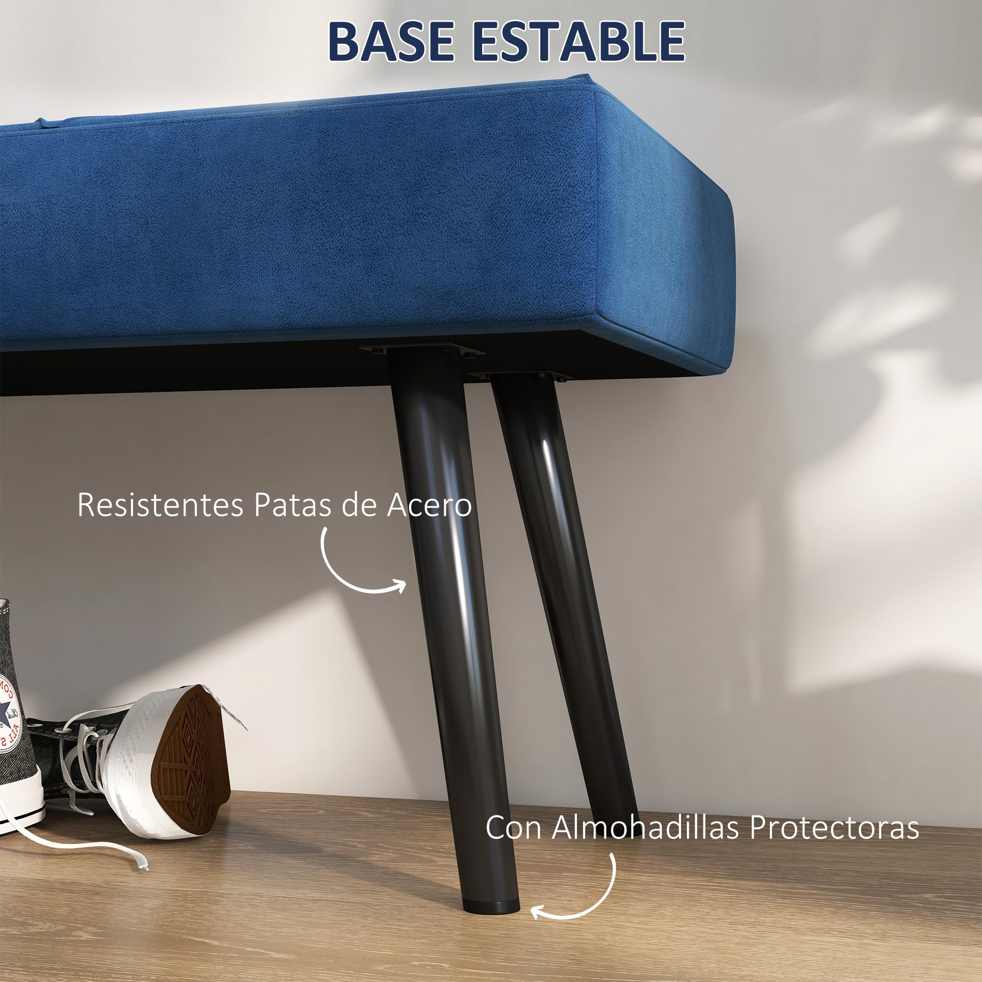 HOMCOM Taburete Pie de Cama Multifuncional, Banco Pie de Cama Moderno, Banco Dormitorio con Asiento Acolchado y Patas de Acero, Carga 120 kg, para Entrada, Pasillo, Salón, 100x36x45 cm, Azul Oscuro
