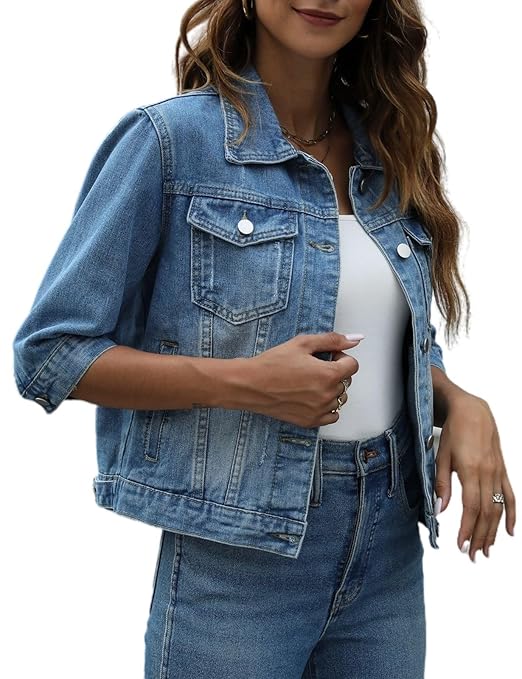 Puff Sleeve Denim Jacket Jean Jacket For Women Trendy Plus Size