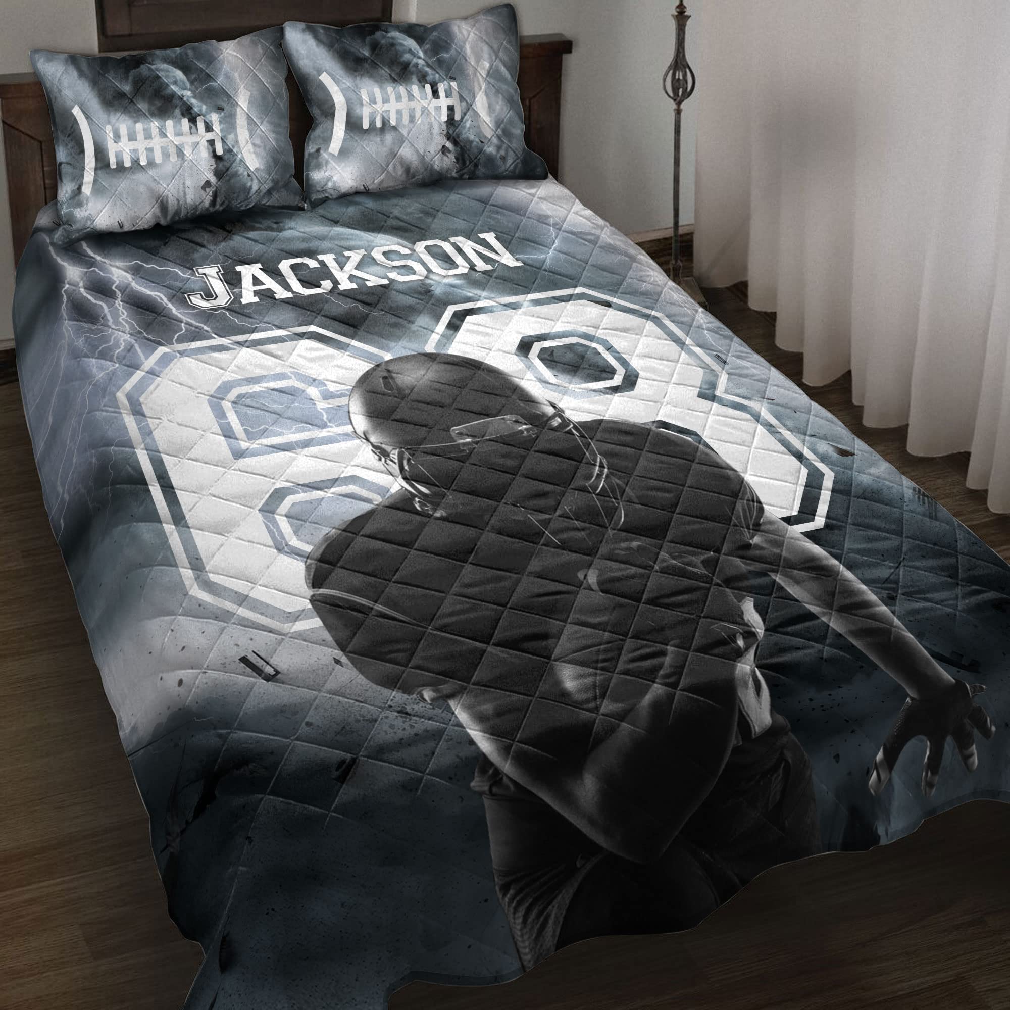OhaPrints Custom Football Boy Storm Black Player Fan Gift Idea Personalized Name Number Quilt Blanket & Pillowcases, Quilts Bedding Set & Pillow Cover, King Queen Double Twin Throw Full Size Bed Sets
