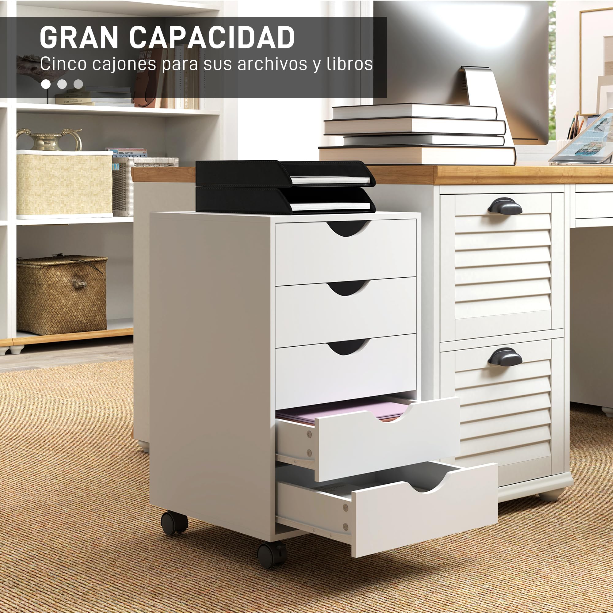 HOMCOM Cajonera Escritorio con Ruedas, Cajonera Oficina con 5 Cajones, Archivador Móvil, para Estudio, Salón, 40x40x67 cm, Blanco