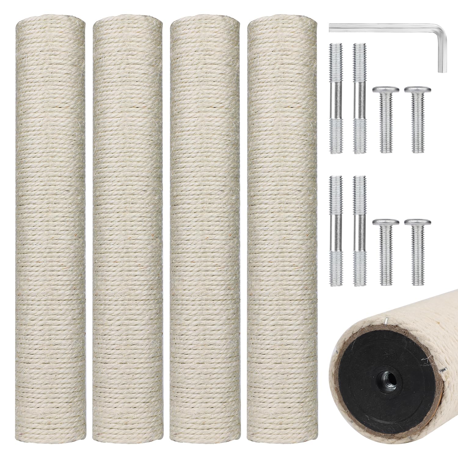4pcs 11.8in Cat Scratching Post Replacement, Cat Tree & Tower Refill Scratch Pole Parts with M8 Install Screws Sisal Rope Kitten Furniture Protector (White)