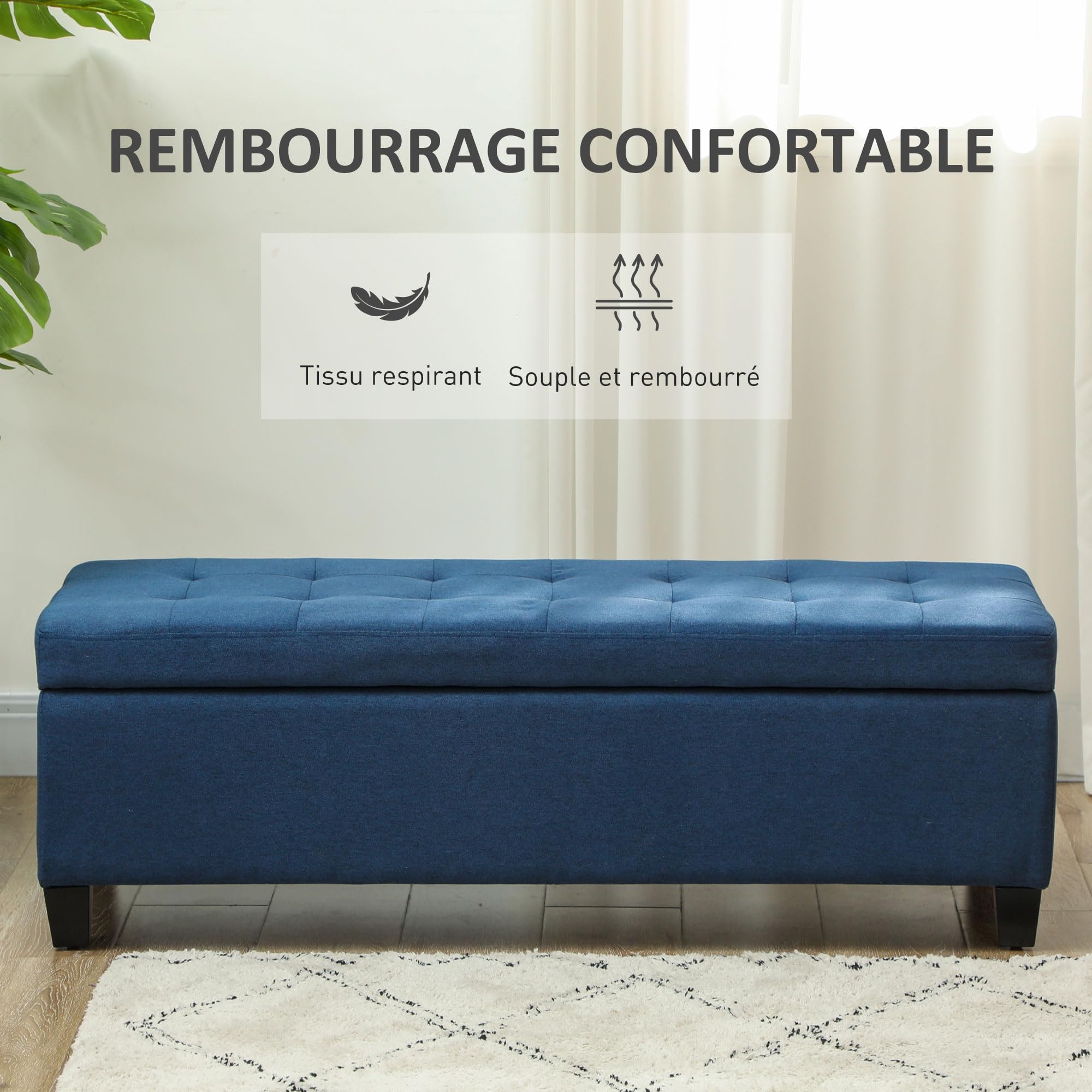 HOMCOM Banc de Rangement 94,5L Siège Capitonné 125 x 49 x 41,5 cm Bleu | Banquette Bout de Lit, Coffre de Rangement, Tissu Aspect Lin, Pieds en Bois, Salon, Chambre, Entrée, Intérieur