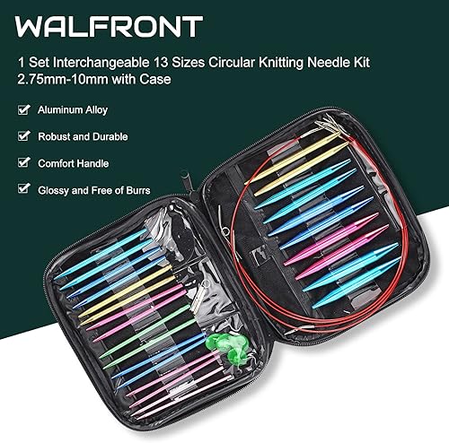 Miniatura 8 de Juego de 13 pares de agujas de tejer circulares intercambiables de aluminio colorido, juego de agujas de tejer flexibles con estuche rosa (diámetro