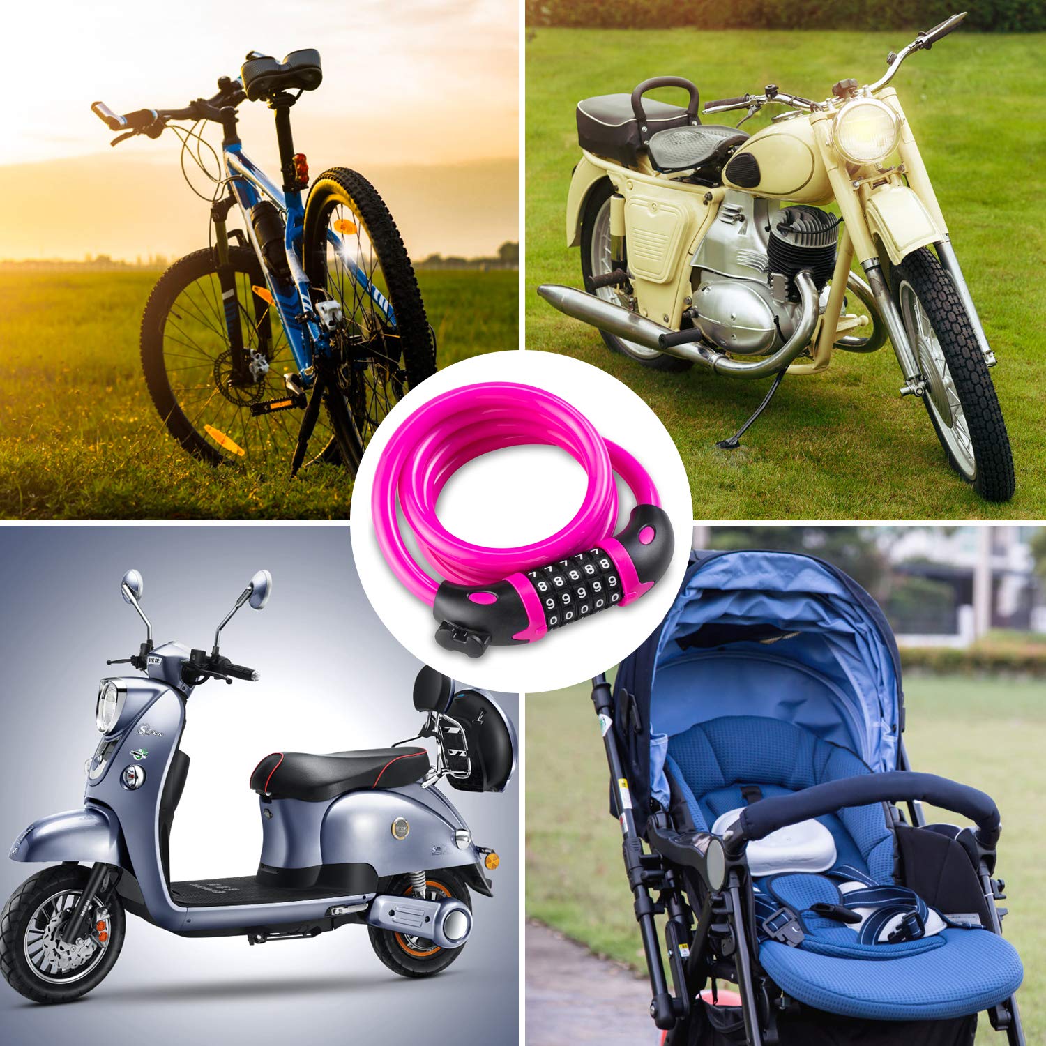 Opaza Lucchetto per Bici, Catena per Bici Alta Sicurezza Lucchetto a 5 Cifre Combinazione Resettabile Cavo di Sicurezza per Bicicletta,Scooters, 1,2 Mx12 mm (Rosa)