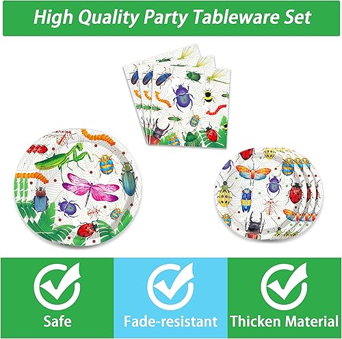 Miniatura 3 de Juego de vajilla de fiesta de cumpleaños de insectos sirve 24 platos de papel desechables de 7 pulgadas, platos de papel de 9 pulgadas, servilletas,