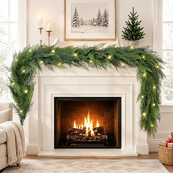 9FT Realistic Christmas Cedar Garland with Lights, Faux Greenery Garland