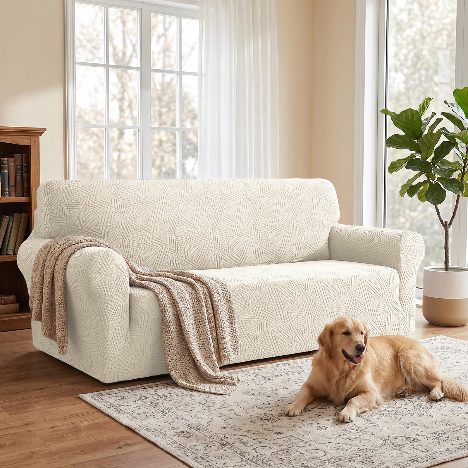 Ystyle Stretch Sofa Überzug 3 Sitzer, Beige | Elastisch Couch Überzug mit Armlehnen, Moderne Sofaschoner Rutschfest, Sofaschutz für Hunde Katze, für Wohnzimmer