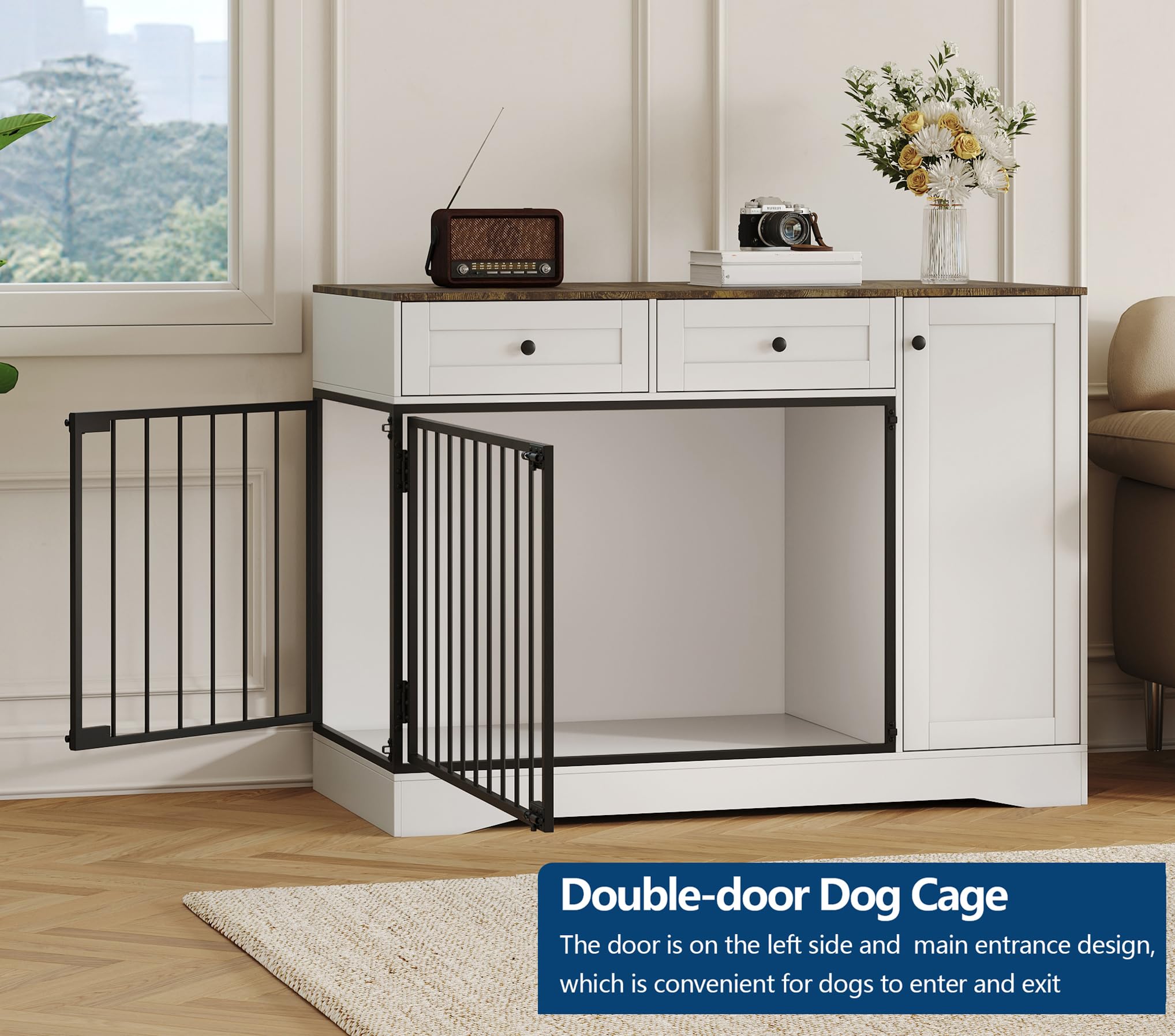 Hundekäfig Möbel, Hundebox 120 x 60 x 86cm für Zuhause mit 2 Türen, 2 Schubladen & Stauraum, Moderne Hundebox Holz, Beistelltisch, für Kleine und Mittelgroße Hunde, Hundekäfig Indoor, Weiß