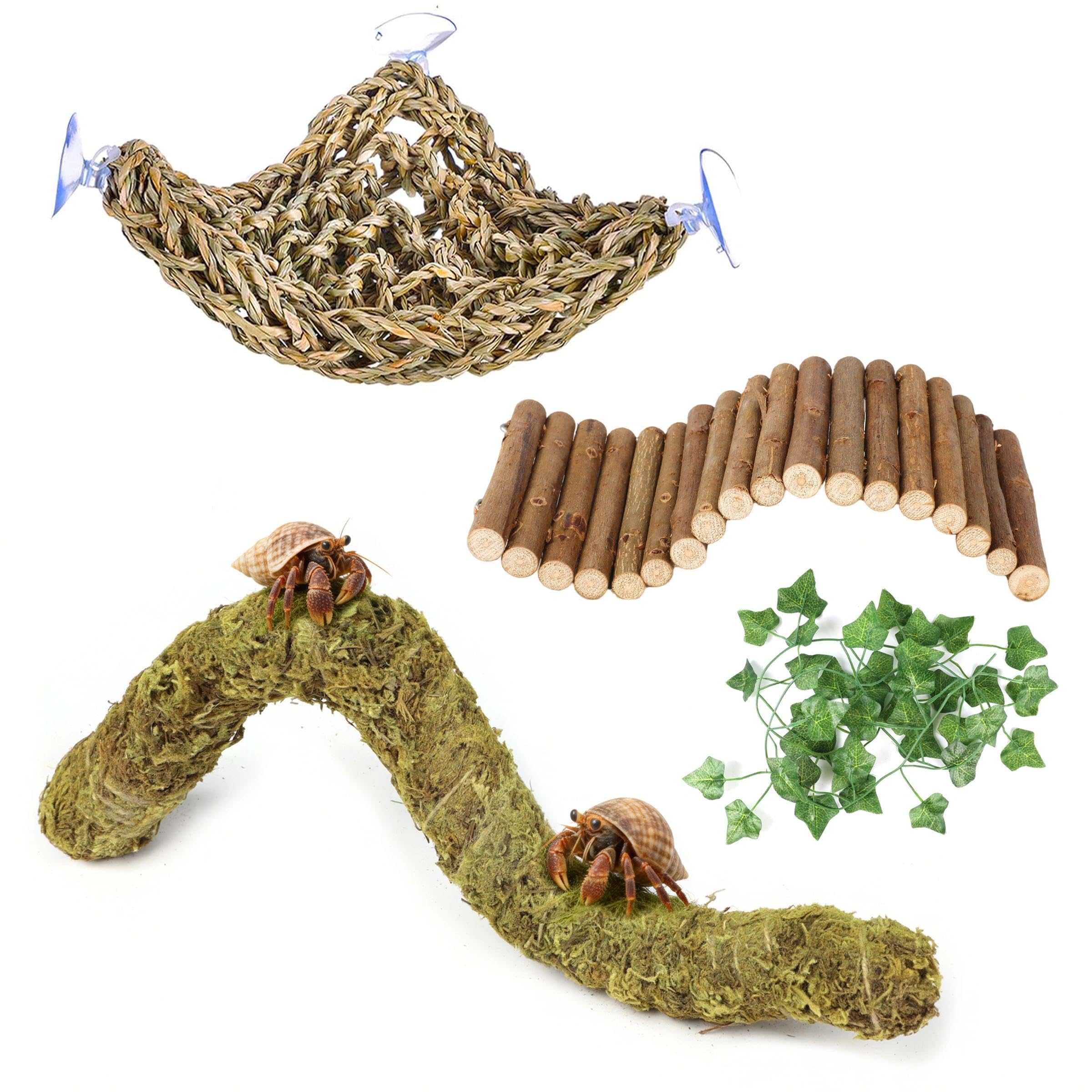 4 PCS Reptile Accessories, Hermit Crab Flexible Bendable Wooden Bridge, Hanging Plants Vine Habitat Leaves Decor Climbing Hide Toys for Hermit Crab Lizards Mouse Spiders