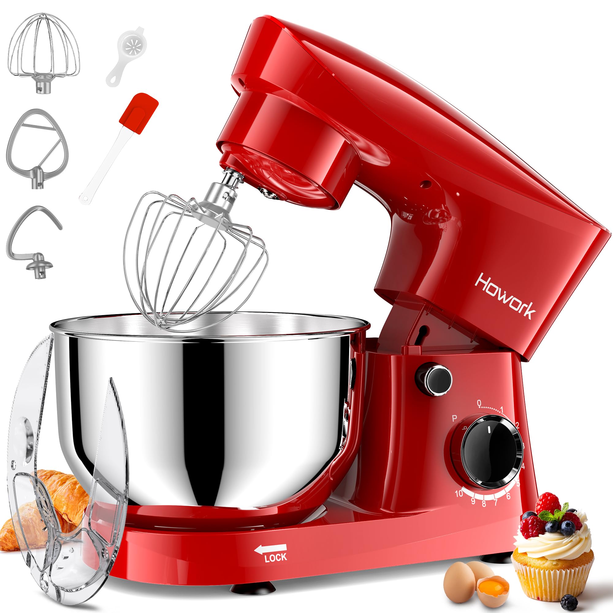 Howork Stand Mixer, 5 Quarts 10-Speed 1500W Tilt-Head Food Mixer (RED)