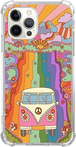 Funda de teléfono retro de los años 70 con diseño de flores, arcoíris y rayos de sol, compatible con iPhone 15 Pro Max, funda de autobús con signo