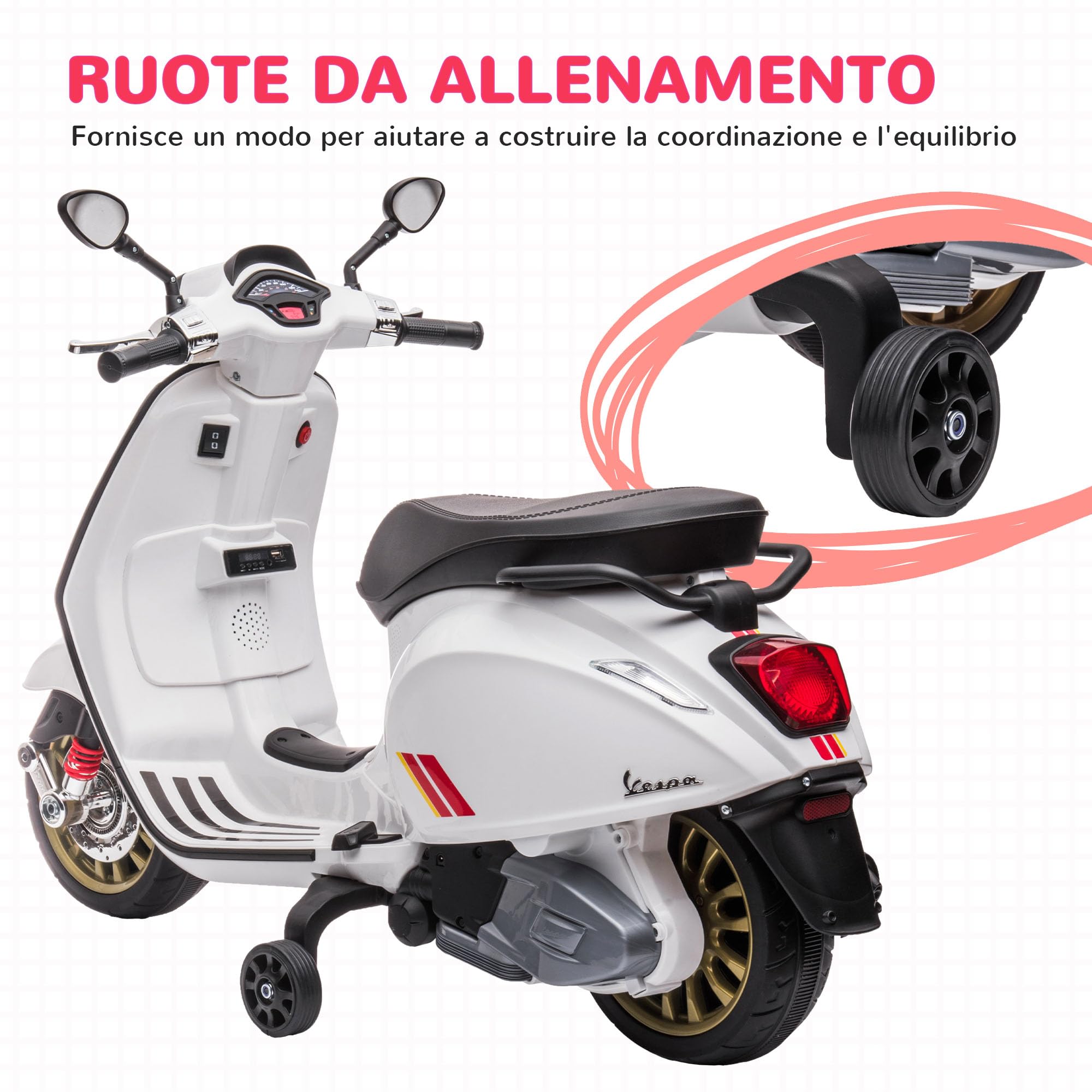 AIYAPLAY 12V Moto Elettrica per Bambini 3-6 Anni a Licenza Vespa con Rotelle, Fanale e Musica, Moto Giocattolo in PP e Metallo, 107x47x73 cm, Bianco