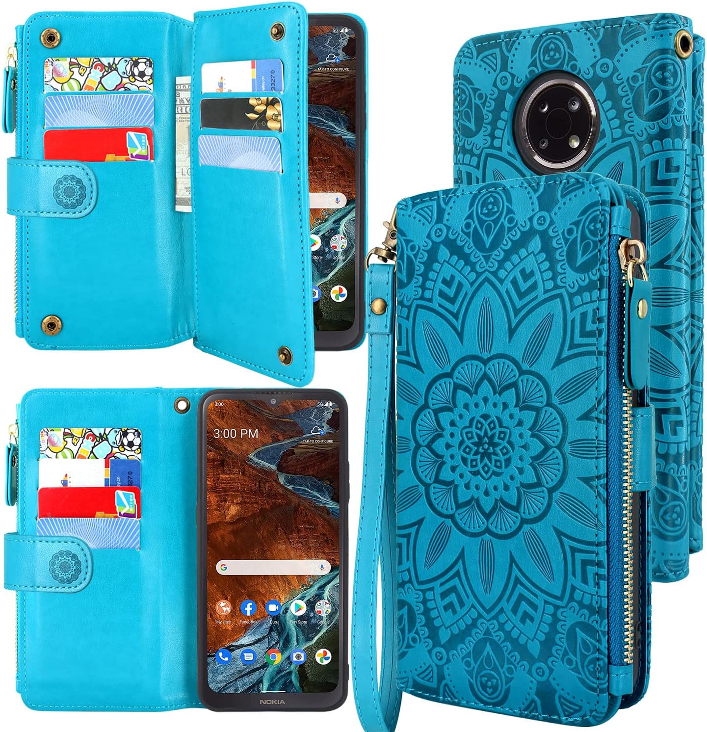 Harryshell [Block Theft Card Scanning, U Leather Flip Wallet Case Cover Zipper Pocket Wrist Strap Kickstand Compatible with Nokia G300 5G 6.5" (N1374DL) (Flower Blue)