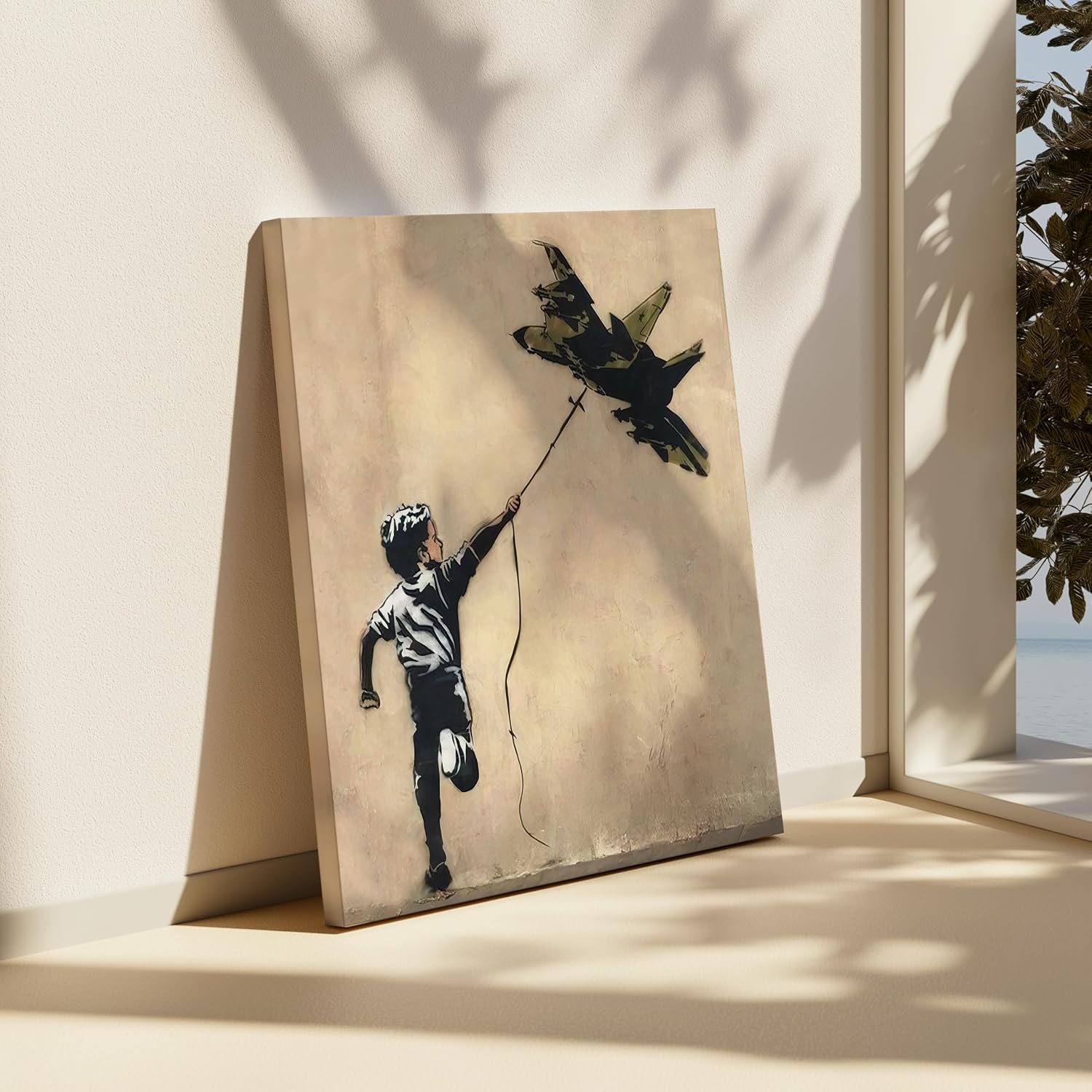 Poster Master Boy Playing With Jetfighter Kite Canvas - Aircraft Kite Print - Banksy Art - Street Graffiti Design - Nursery Art - Great Kid's Room or Bedroom Wall Decor - 8x10 STRETCHED Canvas