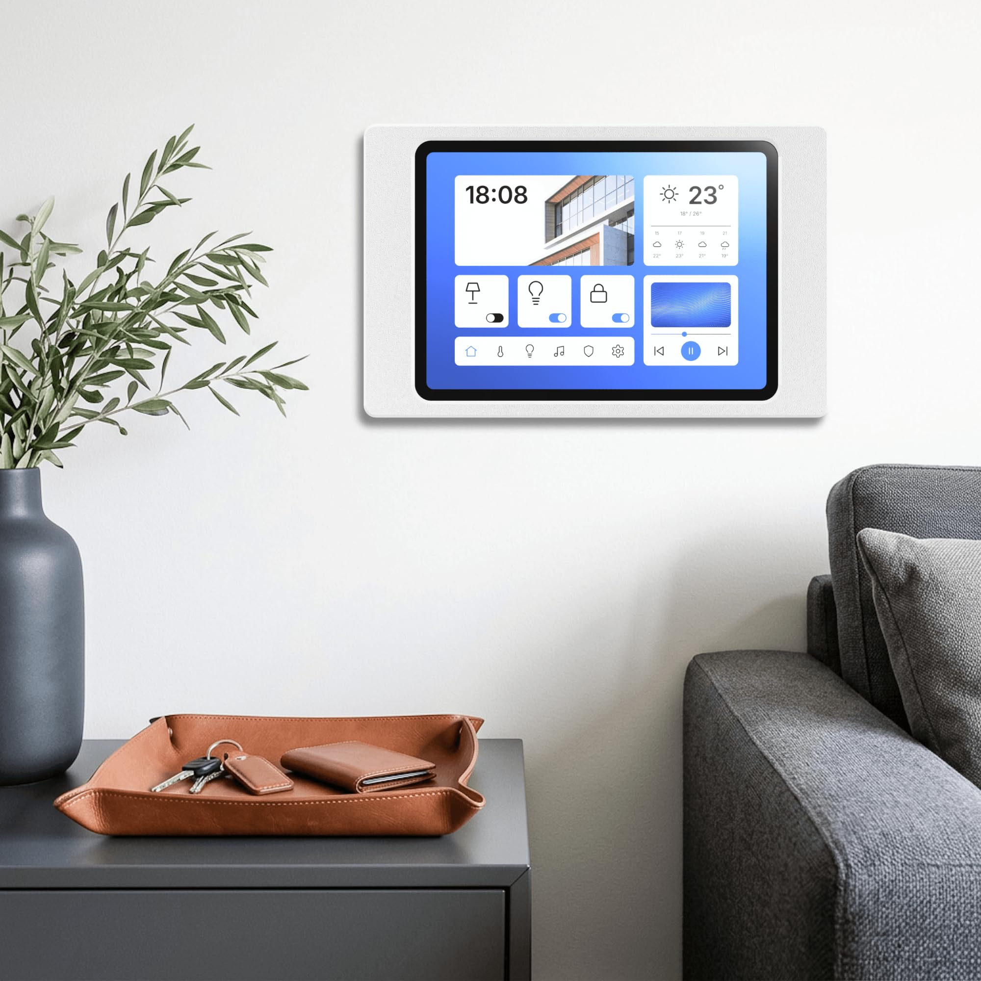 Support Mural Tablette pour iPad 7/8/9 gén (10,2 Pouces, 2019-2021) - Cadre Fin et sur Mesure pour Écran Domotique et Tableau de Bord - Montage Fixe avec Passe-Câble - Blanc