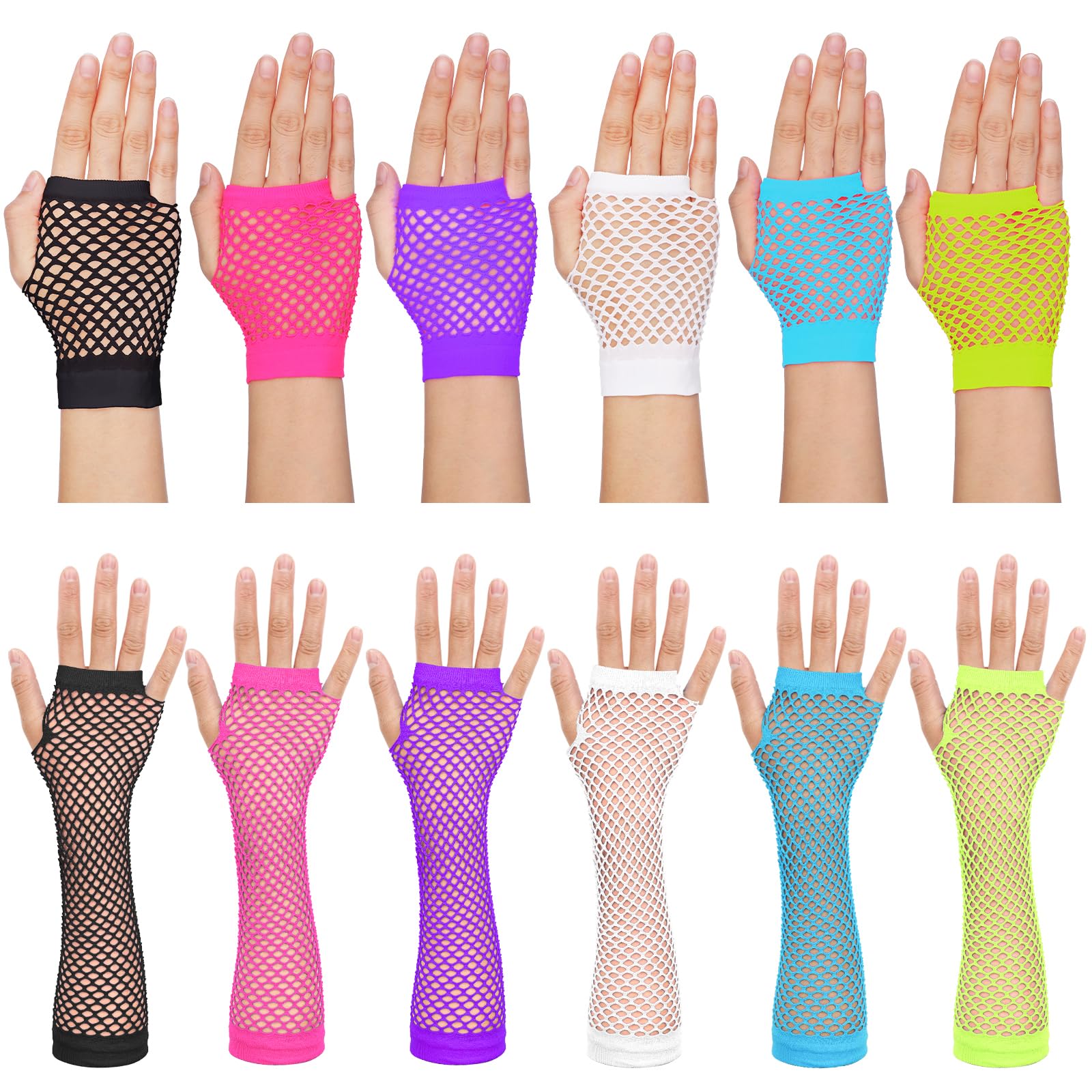 12 Pairs Fishnet Gloves, 80s 90s Neon Fingerless Mesh Gloves for Women