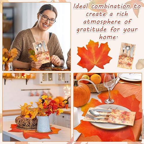 Miniatura 7 de 100 manteles individuales de hojas de otoño y soporte para cubiertos de Acción de Gracias, hojas de arce, manteles individuales de papel de cosecha