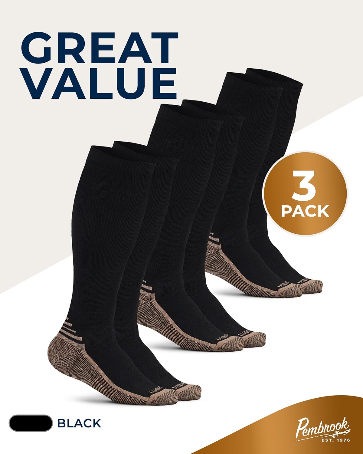 Pembrook 3 Pairs Copper Mens Compression Socks 20-30 mmHg, Running, Hiking, Athletic Cycling, Travel | Circulation Support - Image 5