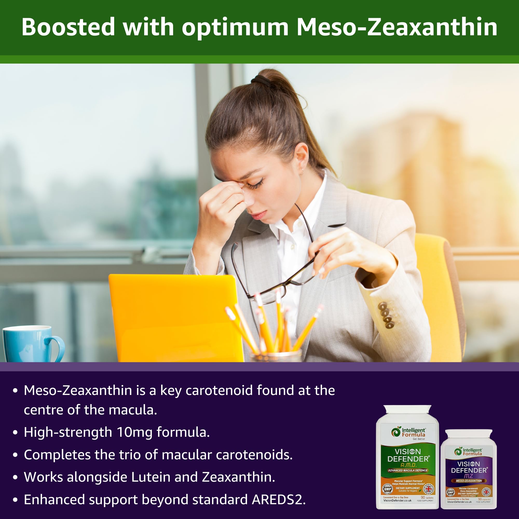 Vision Defender Advanced & MZ Bundle Benessere Oculare - Formula AREDS2 Luteina Zeaxantina Meso-Zeaxantina - Vitamine Occhi Vegane - 90 Giorni 180 Capsule - UK