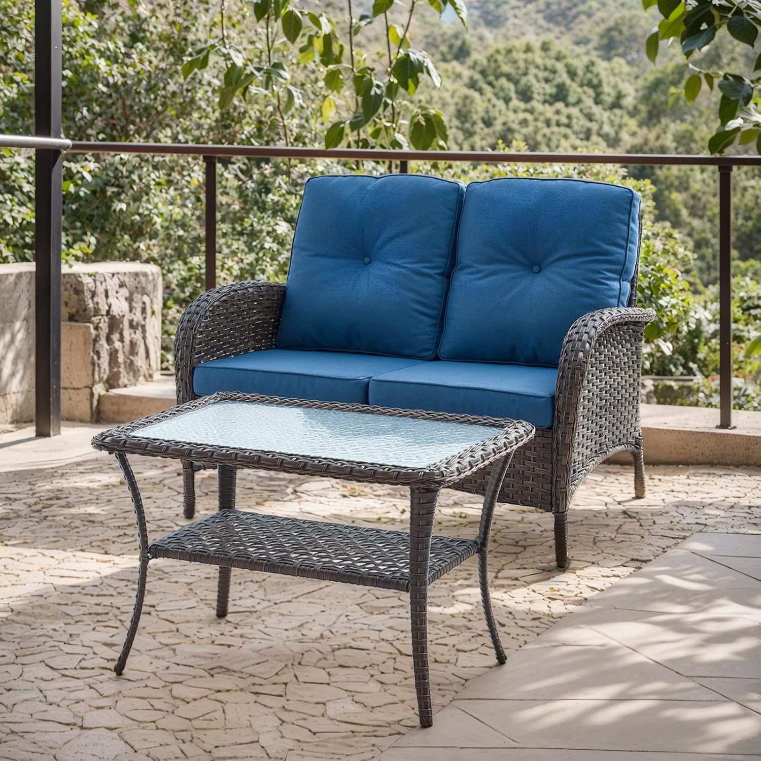 HUMMUH Outdoor Loveseat Sofa 2-Seat PE Wicker Couch with Coffee Table,Deep Seat High Back Patio Furniture for Balcony,Garden,Porch,Deck(Blue)
