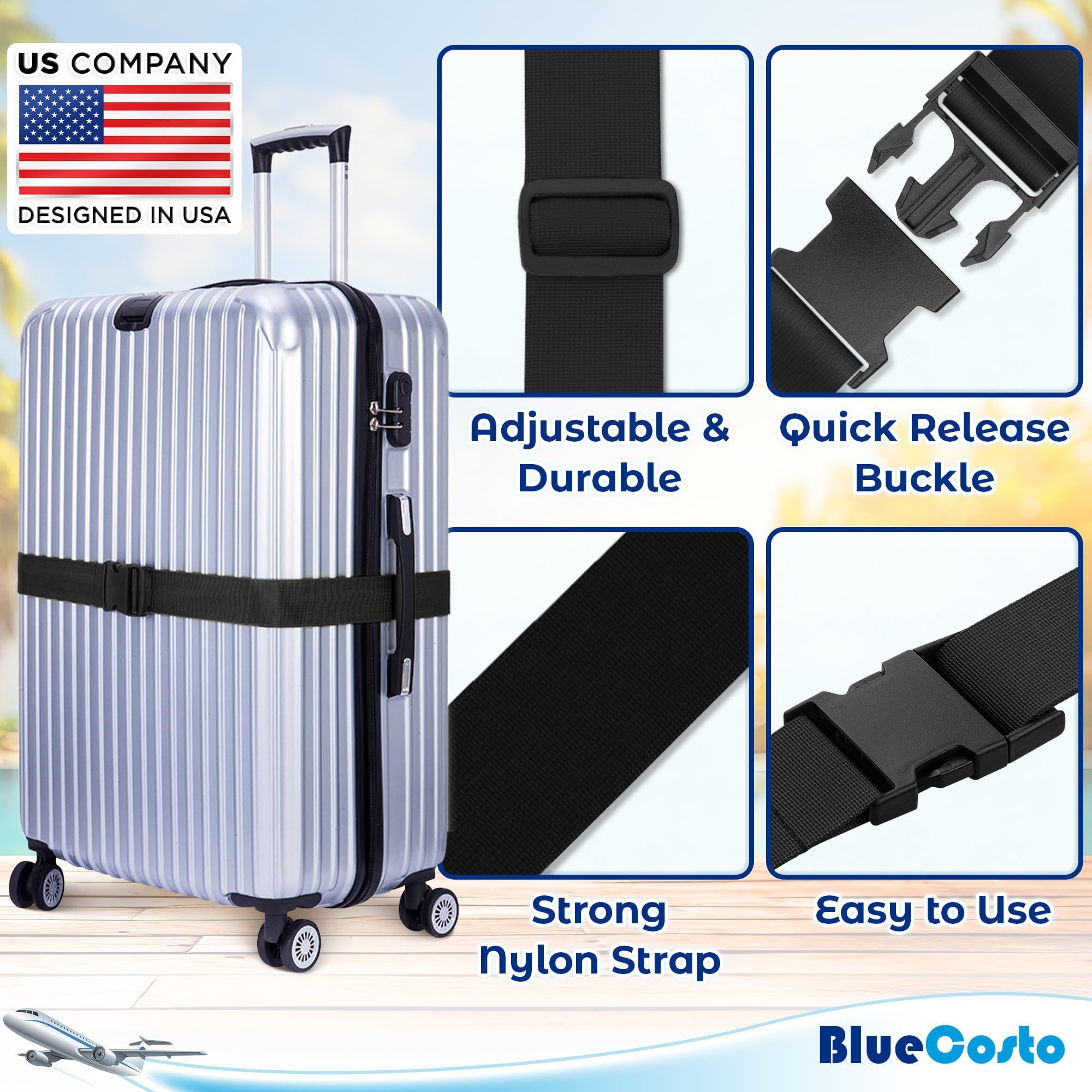 Luggage Straps for Suitcases - TSA Approved - Black, 4 PK - Premium Nylon Belts for Suitcase, Briefcase & Travel Bag - Adjustable Strap Length 46" - 78" 4