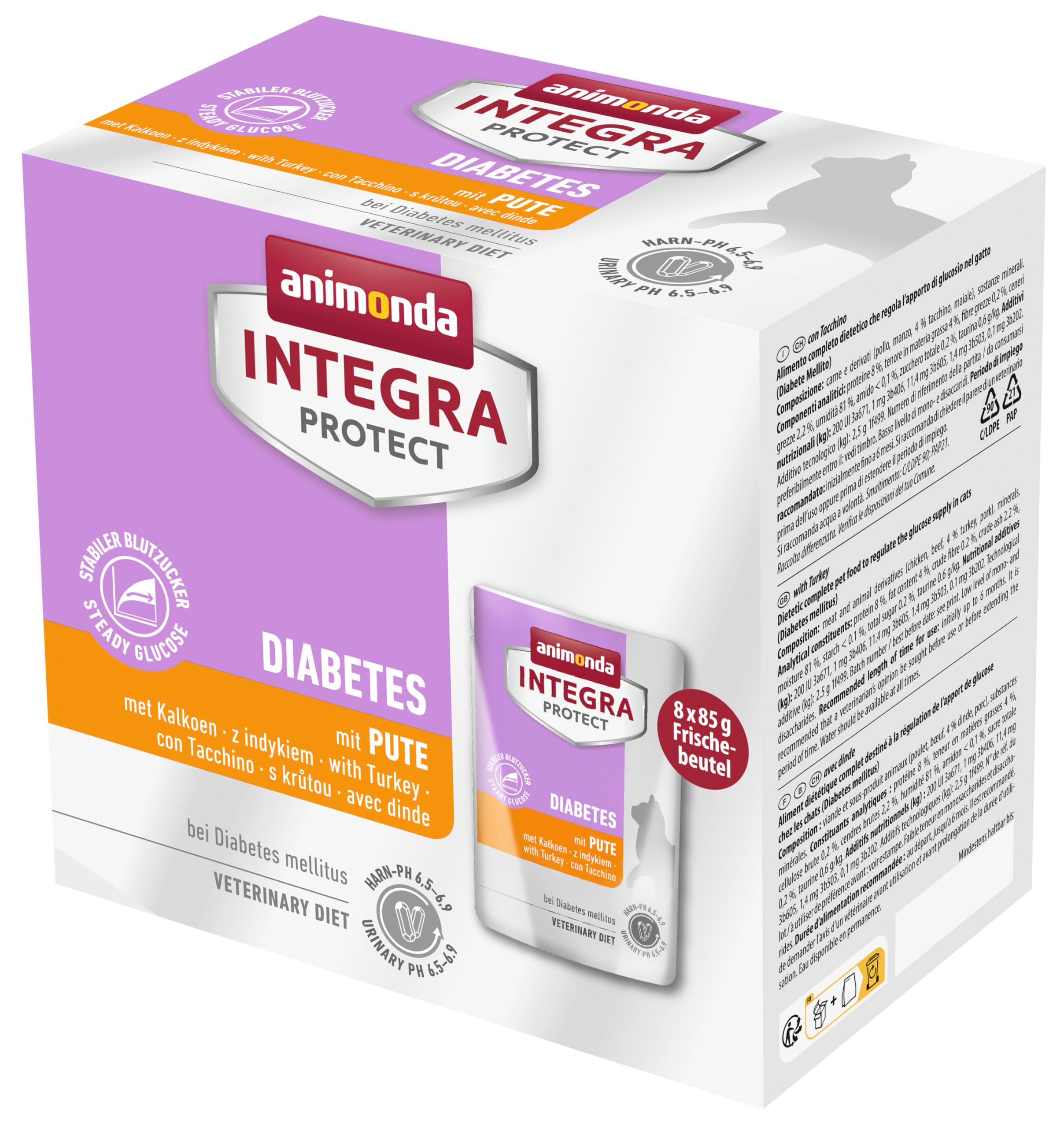 INTEGRA PROTECT karma dla kotów mokra cukrzyca z indykiem (8 x 85 g), zalecana przez weterynarza w przypadku kamieni moczowych, opracowana przez weterynarzy karma uzupełniająca dla dorosłych kotów