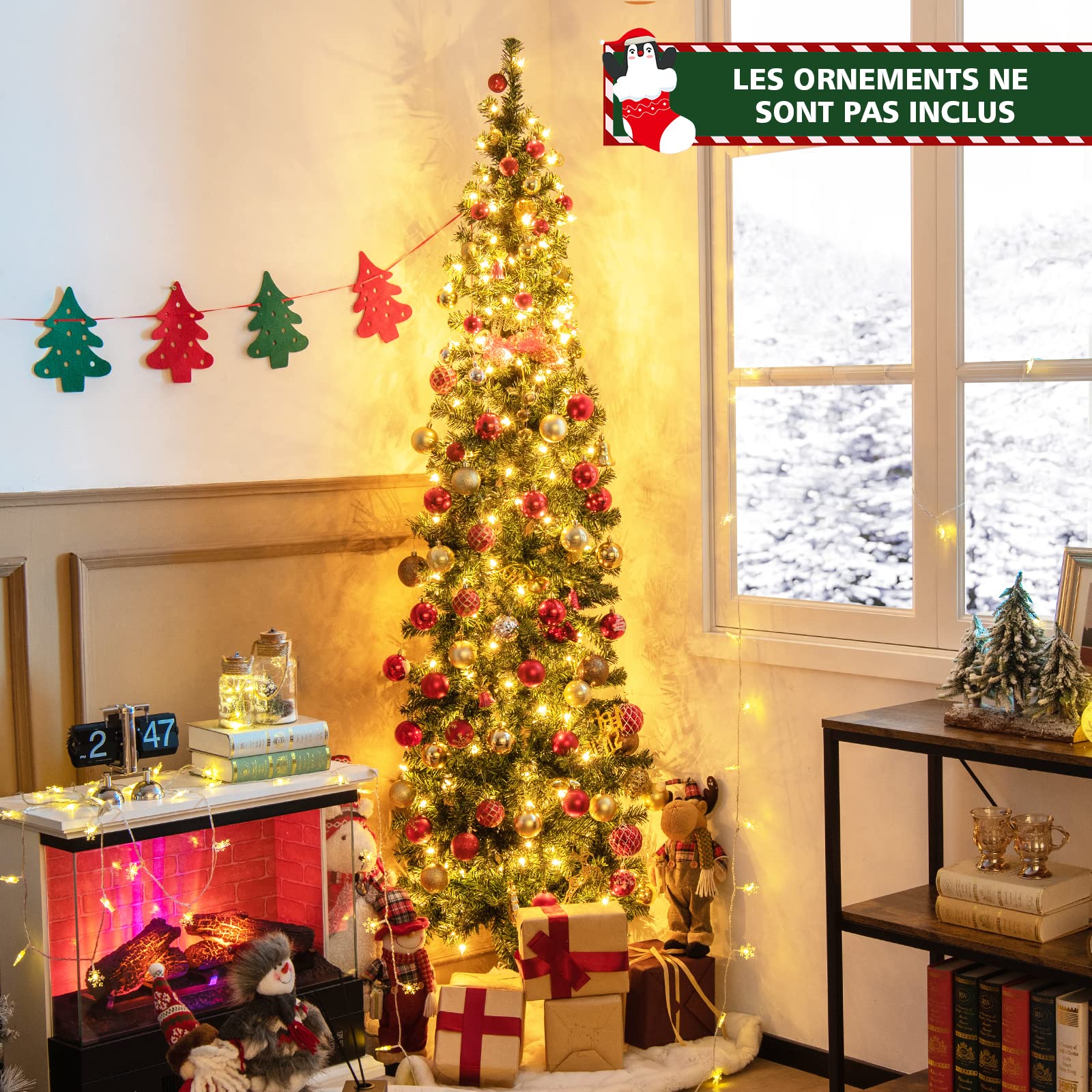 COSTWAY Sapin de Noël Moitié Artificiel 210 cm, 150 Lumières LED Blanc Chaud, Arbre Pliable avec 450 Branches, Support en Métal, Décoration Fête, Convient pour Les Coins